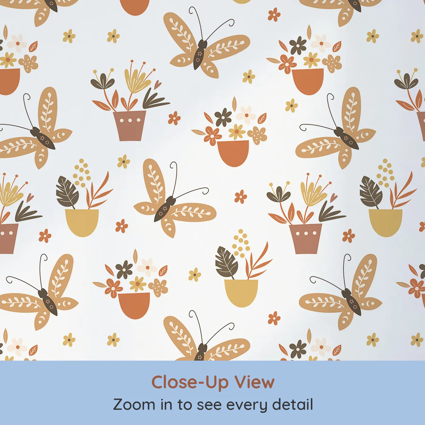 Close-up view of Whimsy Tots' Boho Butterfly Garden Wallpaper (W2171).Where potted flowers and gentle butterflies create a world of warmth.