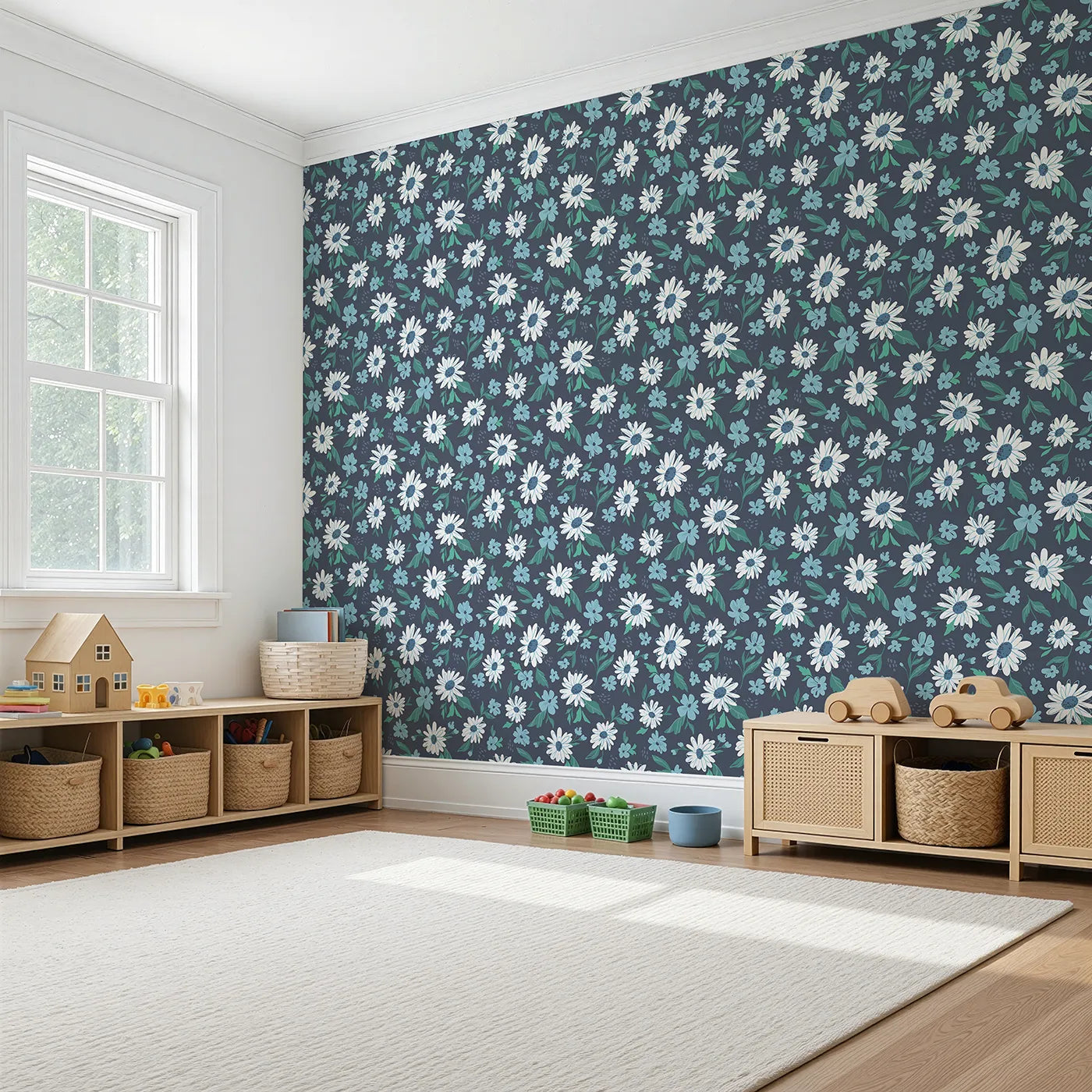 Angled view of Whimsy Tots' Midnight Daisy Field Wallpaper (W2172).Where crisp white daisies bloom against a deep night sky.