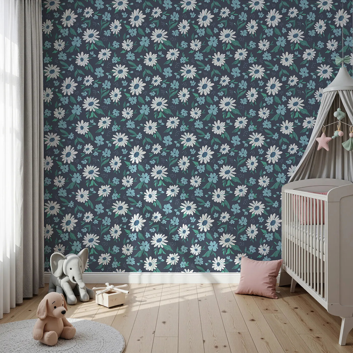 Front view of Whimsy Tots' Midnight Daisy Field Wallpaper