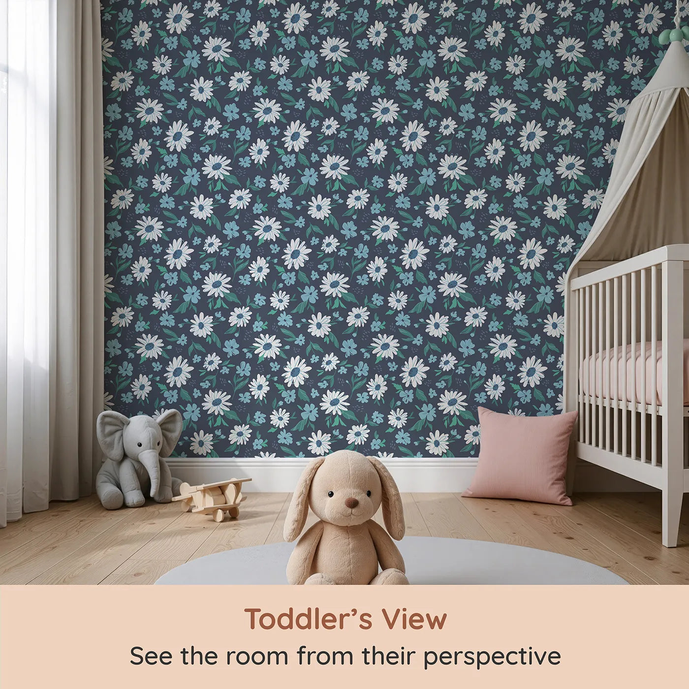Whimsy Tots Midnight Daisy Field Wallpaper (W2172) from your child's view.Where crisp white daisies bloom against a deep night sky.