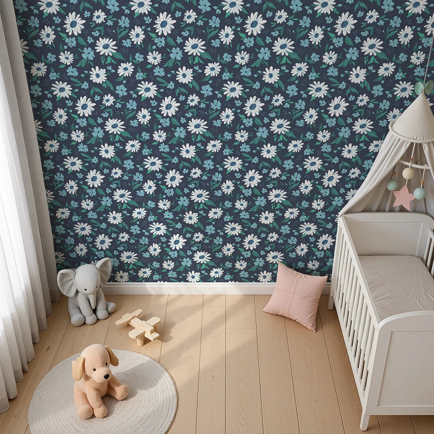 Top-Down view of Whimsy Tots' Midnight Daisy Field Wallpaper (W2172).Where crisp white daisies bloom against a deep night sky.