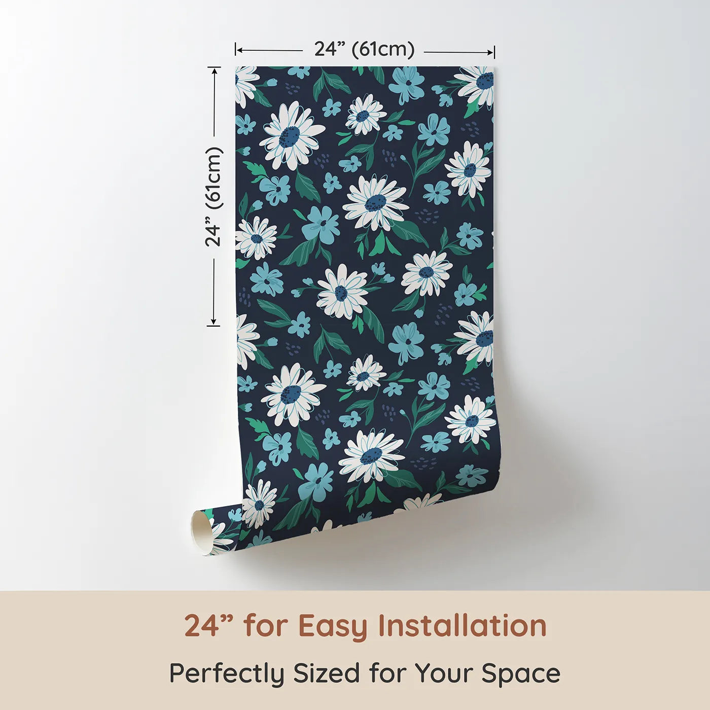 Dimension view of Whimsy Tots Midnight Daisy Field Wallpaper (W2172). Printed in 24-inch-wide panel for easy installation. Where crisp white daisies bloom against a deep night sky.