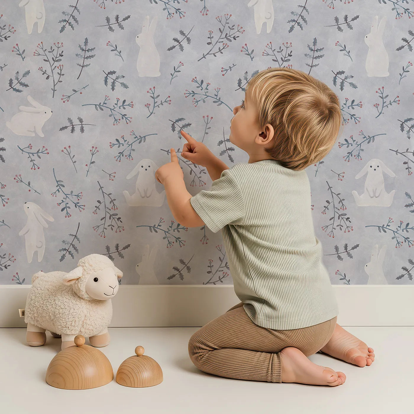 Lovely child standing in front of Whimsy Tots Winter Bunny Wonderland Wallpaper with bunny, rabbit, winter, snow, berry in design.