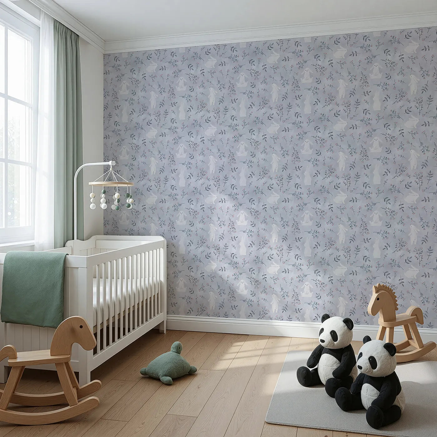 Angled view of Whimsy Tots' Winter Bunny Wonderland Wallpaper (W2173).Where gentle bunnies hop through a forest of frosted berries.