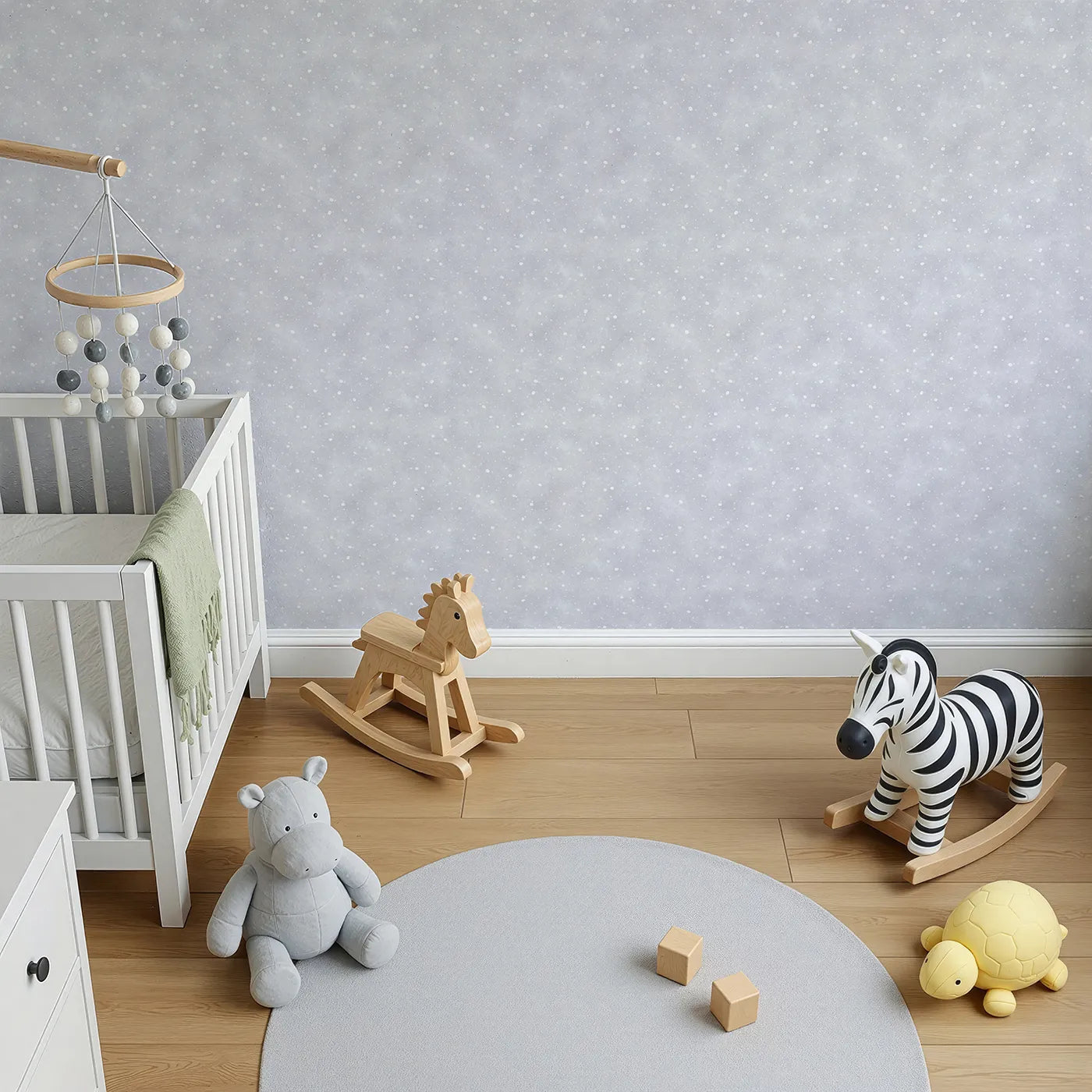 Top-Down view of Whimsy Tots' First Snowfall Wallpaper in Gray (W2174).Where the first soft snowflakes fall in a quiet, gray sky.