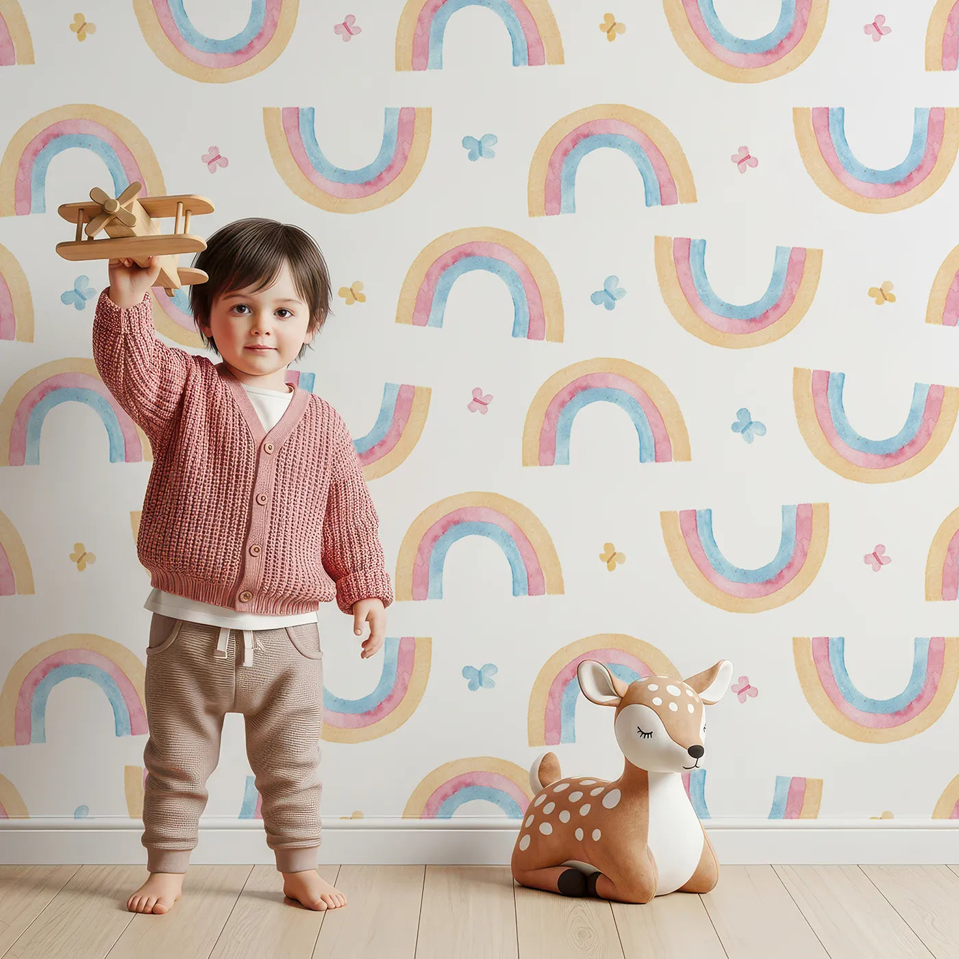 Lovely child standing in front of Whimsy Tots Watercolor Rainbow Butterfly Wallpaper with rainbow, butterfly, watercolor, pastel, cute in design.