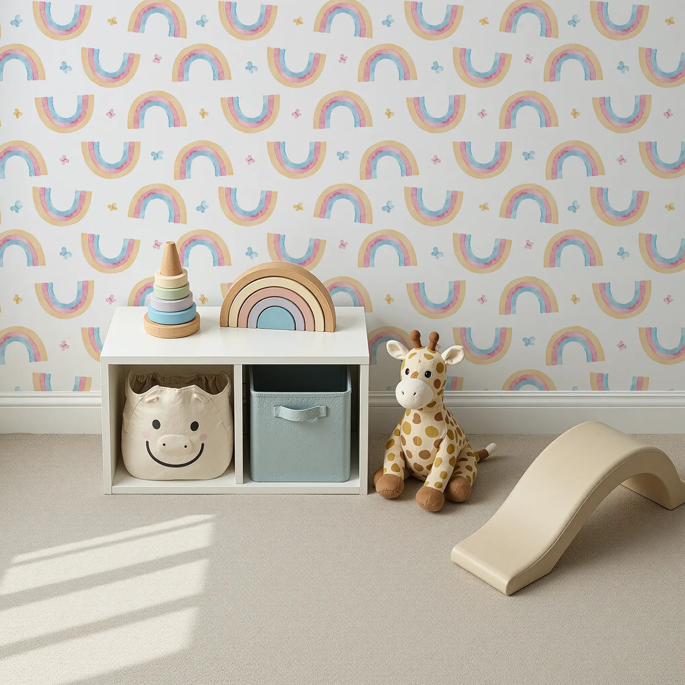 Top-Down view of Whimsy Tots' Watercolor Rainbow Butterfly Wallpaper (W2175).Where soft rainbows and happy butterflies float on a light breeze.