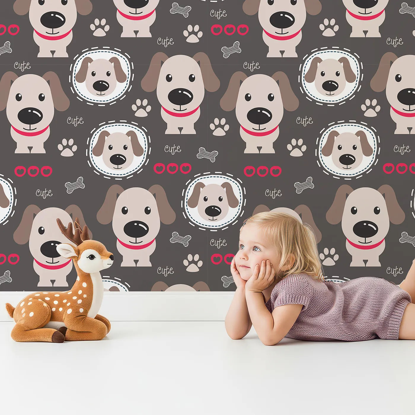 Lovely child standing in front of Whimsy Tots Cute Puppy Love Wallpaper with dog, puppy, cute, paw print, heart in design.
