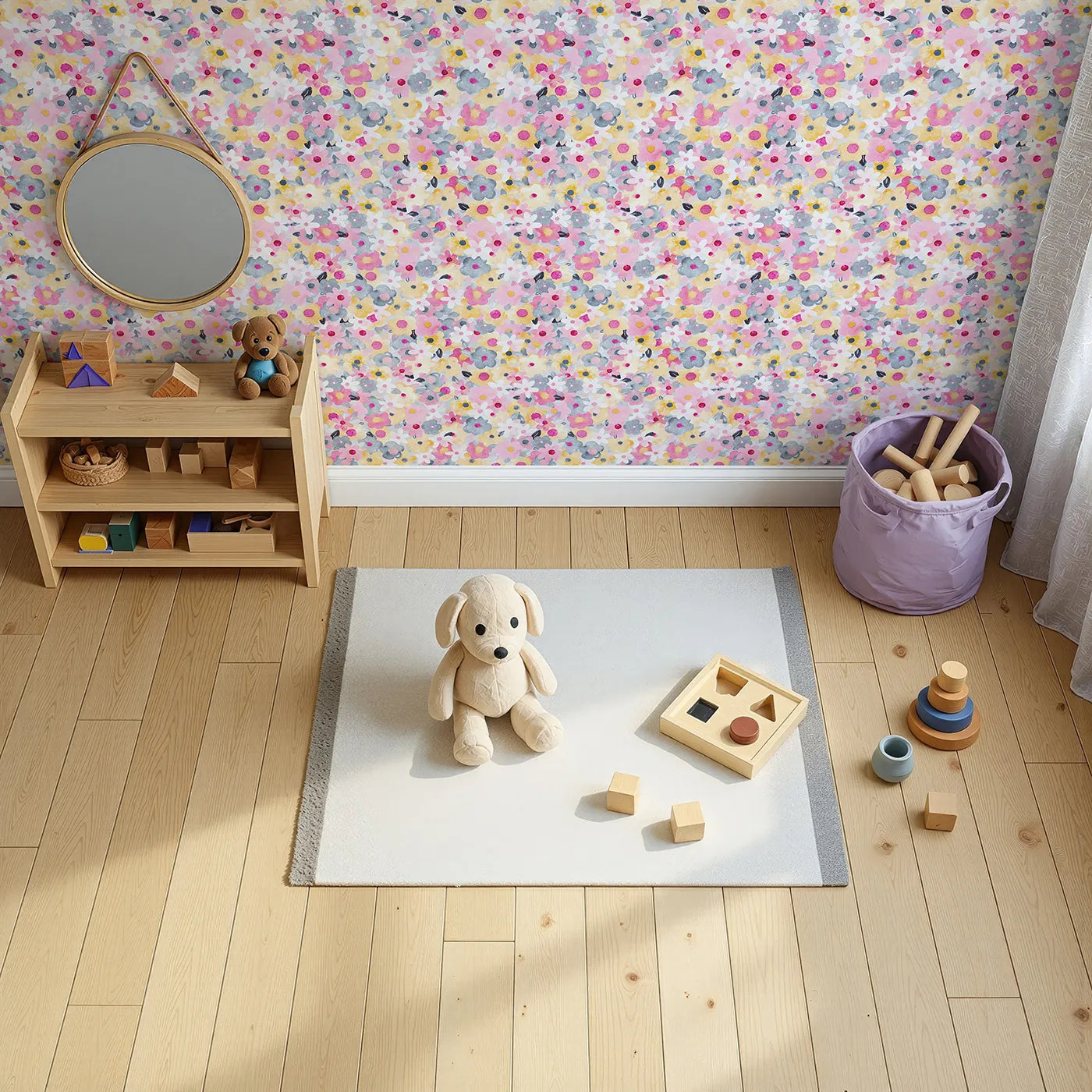 Top-Down view of Whimsy Tots' Abstract Floral Burst Wallpaper (W2178).Where a dense garden of color is always in happy bloom.