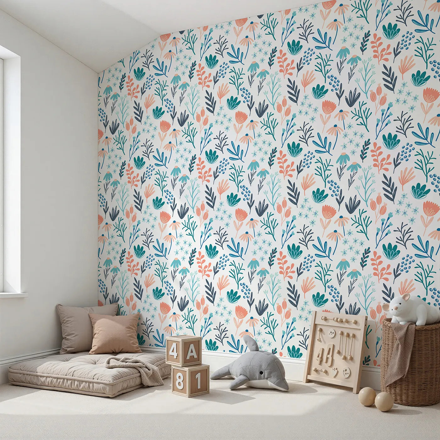 Angled view of Whimsy Tots' Modern Botanical Sprigs Wallpaper (W2179).Where cool, graphic botanicals create a modern oasis.