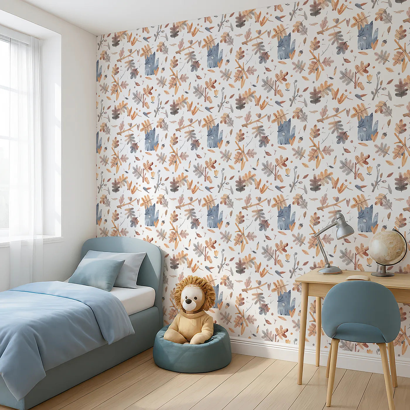 Angled view of Whimsy Tots' Watercolor Autumn Fox Wallpaper (W2181).Where a gentle fox plays among the falling autumn leaves.