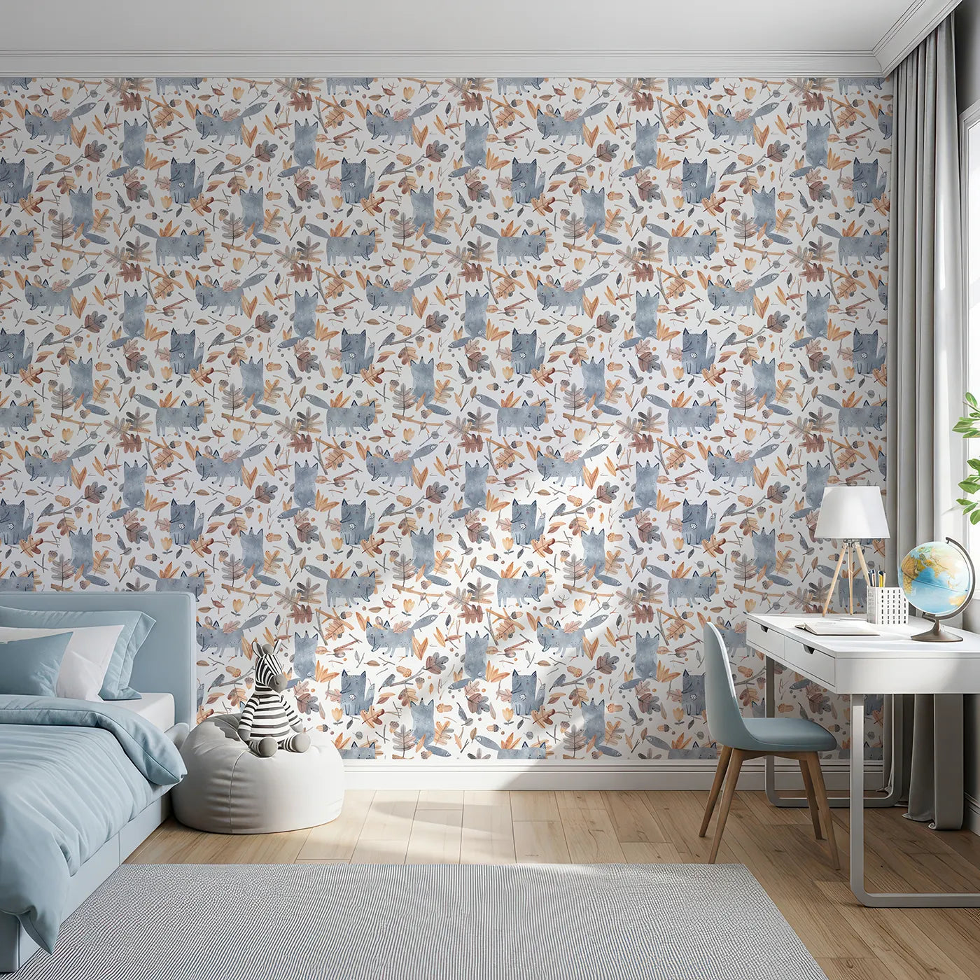 Front view of Whimsy Tots' Playful Autumn Fox Wallpaper