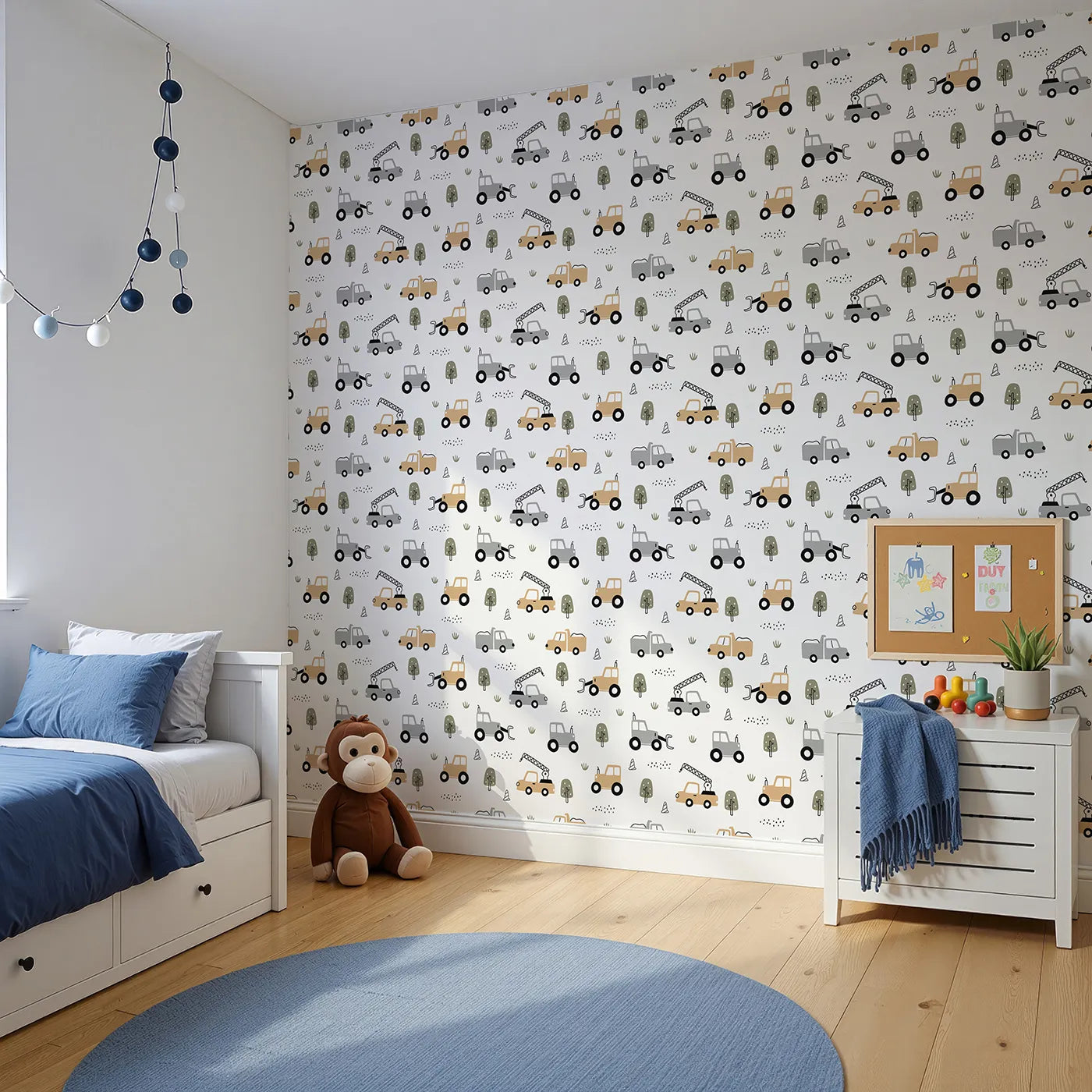 Angled view of Whimsy Tots' Neutral Construction Trucks Wallpaper (W2187).Where simple, modern trucks are ready for a day of gentle play.