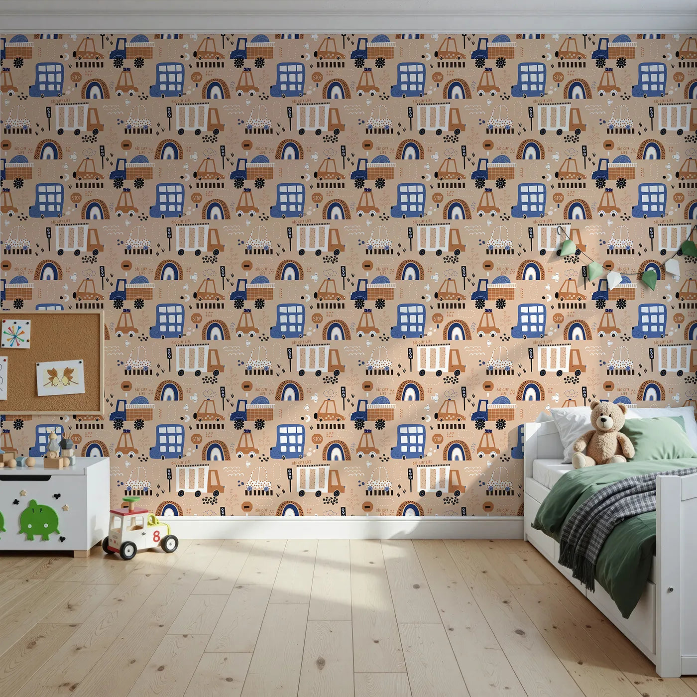 Front view of Whimsy Tots' Big City Life Cars Wallpaper