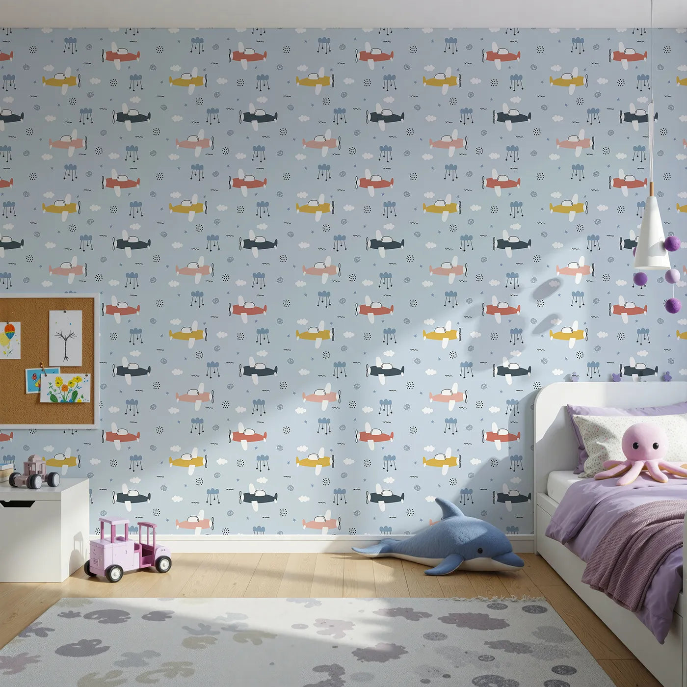 Front view of Whimsy Tots' Colorful Propeller Planes Wallpaper