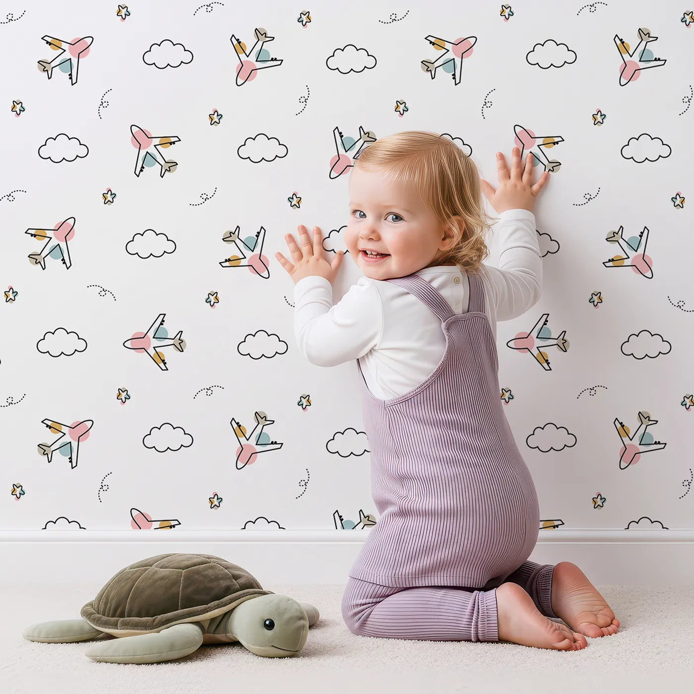 Lovely child standing in front of Whimsy Tots Minimalist Airplane Doodle Wallpaper with plane, airplane, doodle, minimalist, cloud in design.
