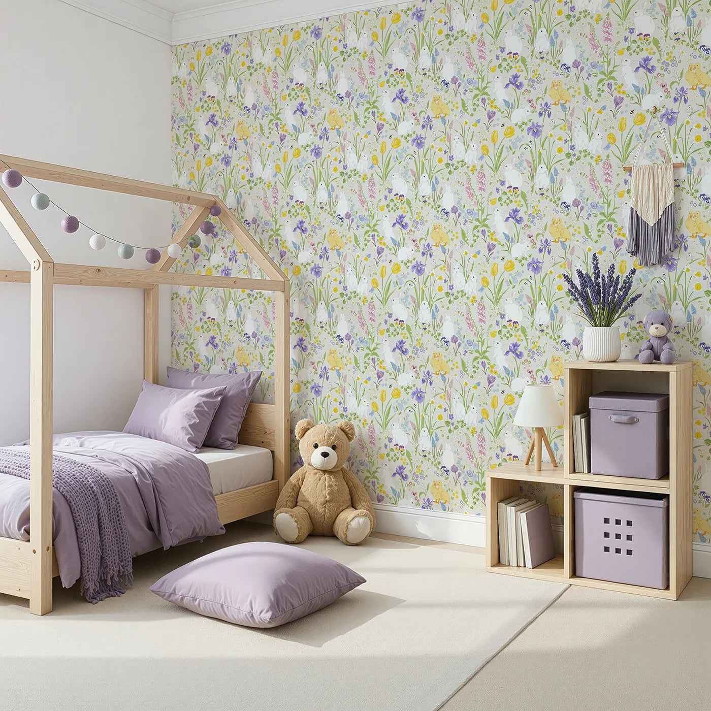 Angled view of Whimsy Tots' Spring Meadow Bunnies Wallpaper (W2192).Where sweet bunnies and ducklings play among the spring flowers.