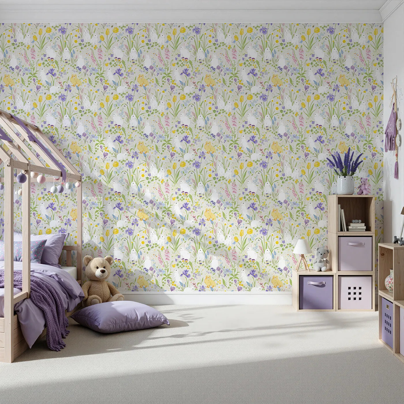 Front view of Whimsy Tots' Spring Meadow Bunnies Wallpaper