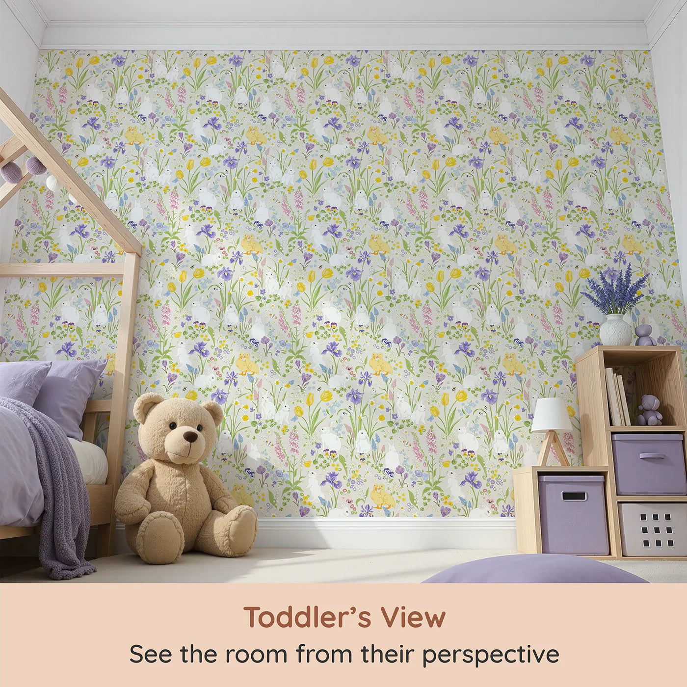 Whimsy Tots Spring Meadow Bunnies Wallpaper (W2192) from your child's view.Where sweet bunnies and ducklings play among the spring flowers.