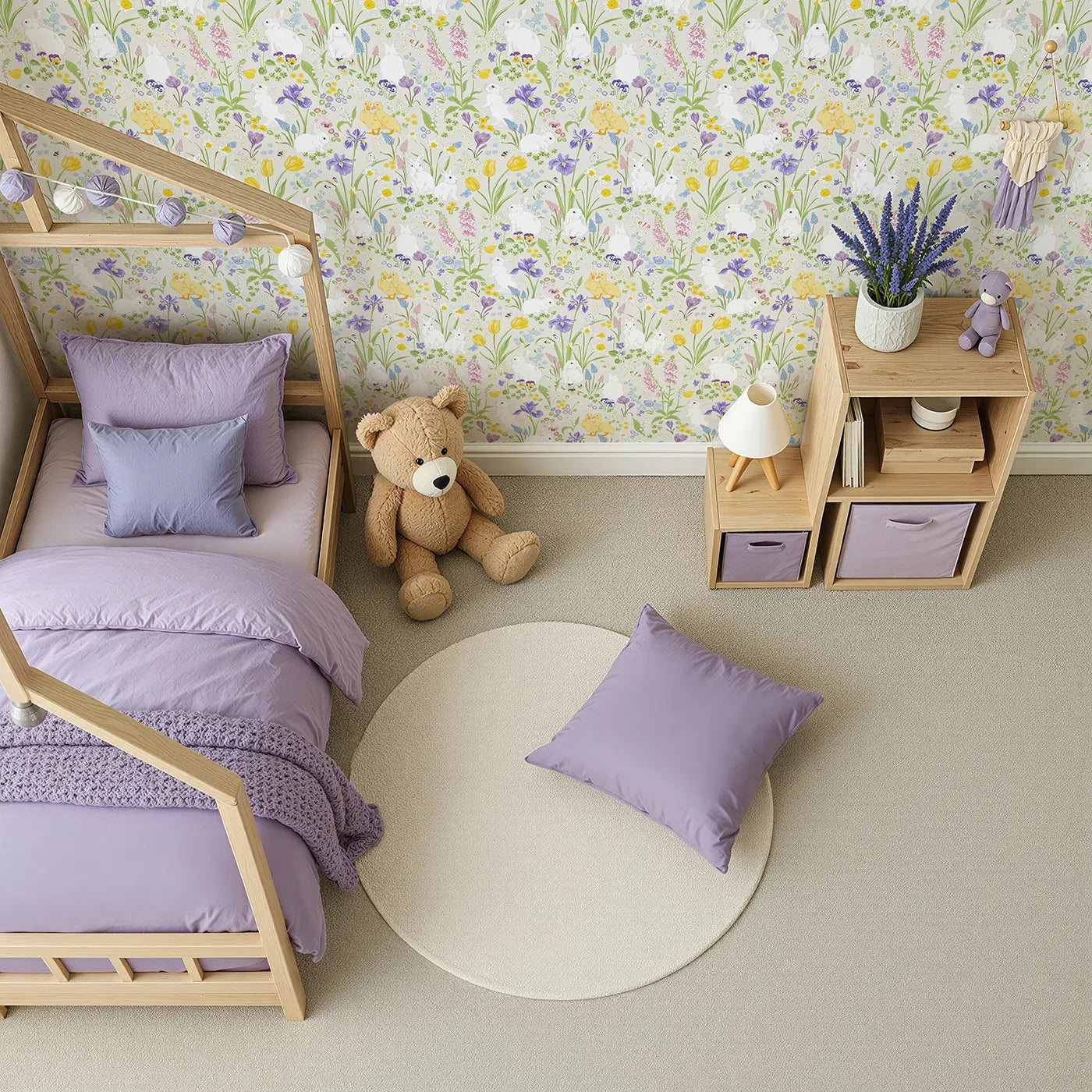 Top-Down view of Whimsy Tots' Spring Meadow Bunnies Wallpaper (W2192).Where sweet bunnies and ducklings play among the spring flowers.