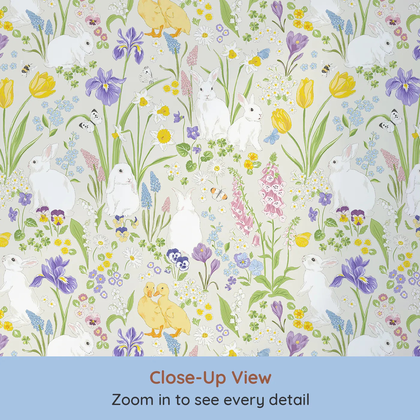 Close-up view of Whimsy Tots' Spring Meadow Bunnies Wallpaper (W2192).Where sweet bunnies and ducklings play among the spring flowers.
