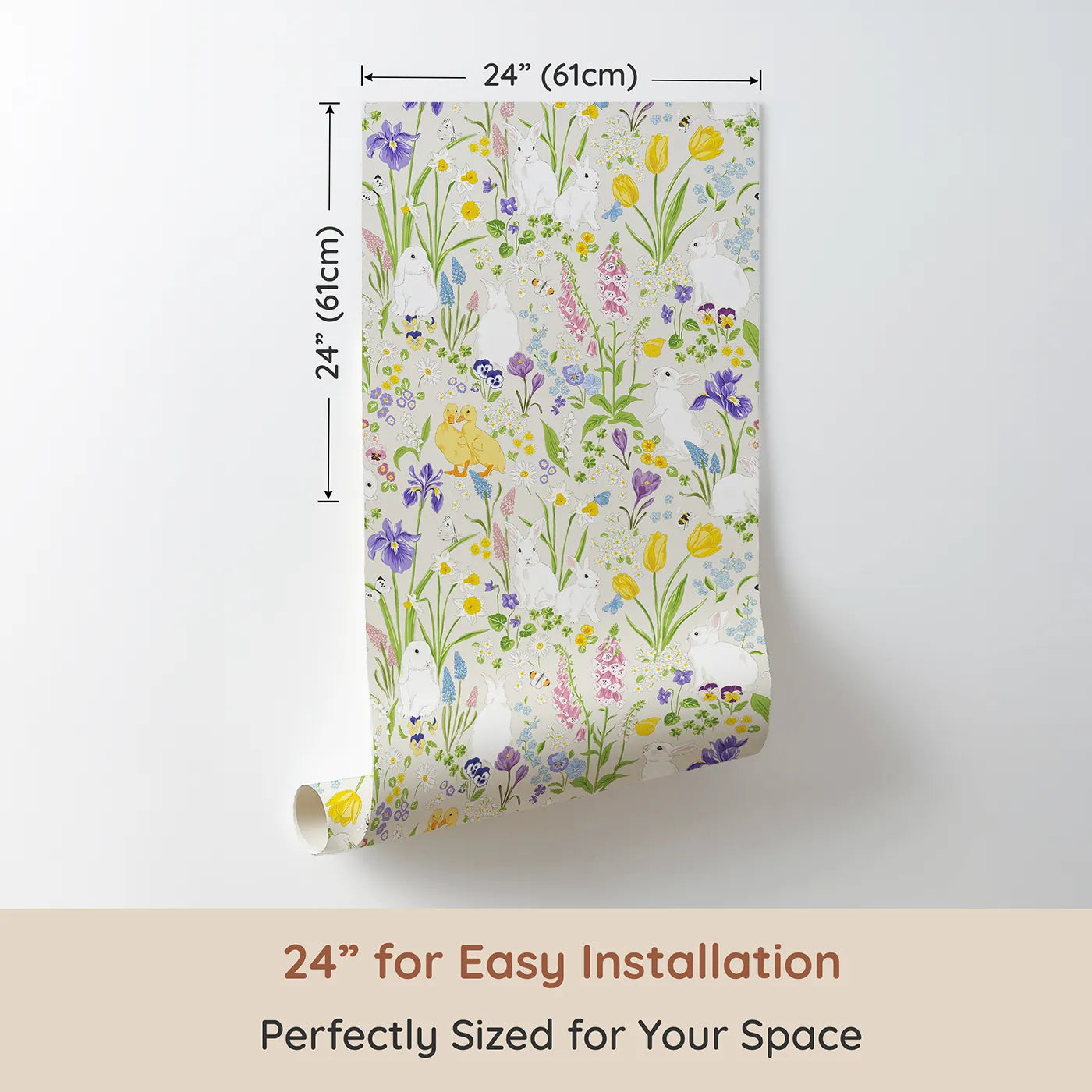 Dimension view of Whimsy Tots Spring Meadow Bunnies Wallpaper (W2192). Printed in 24-inch-wide panel for easy installation. Where sweet bunnies and ducklings play among the spring flowers.