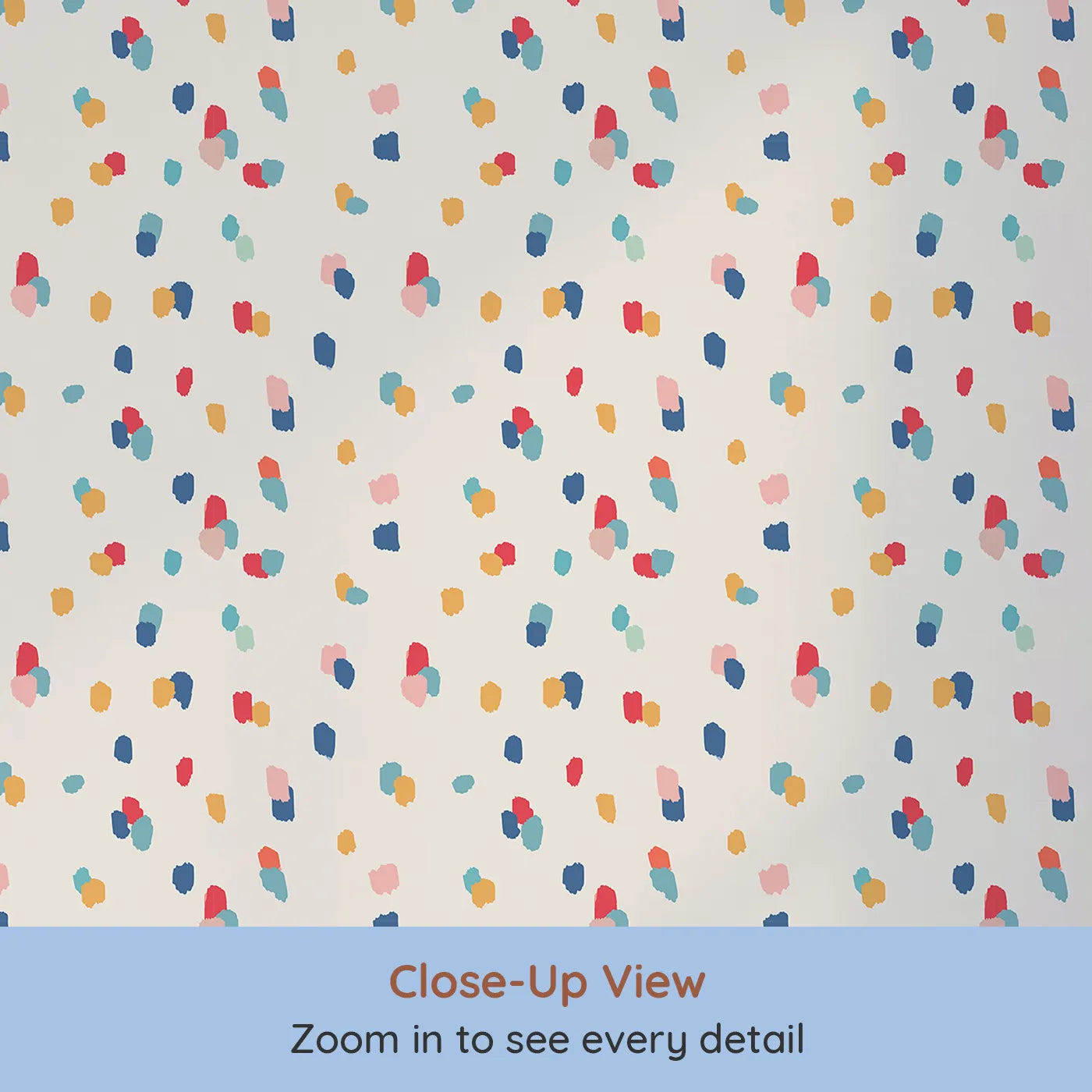 Close-up view of Whimsy Tots' Abstract Confetti Dots Wallpaper (W2193).Where playful dabs of color are scattered like happy confetti.
