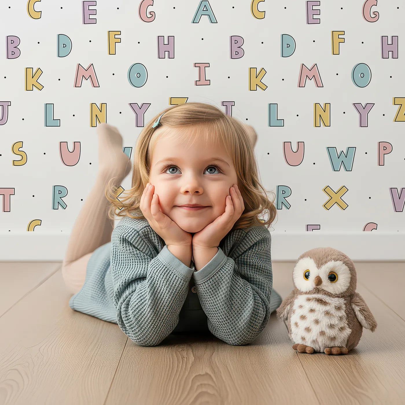 Lovely child standing in front of Whimsy Tots Pastel Doodle Alphabet Wallpaper with alphabet, letter, pastel, doodle, learning in design.
