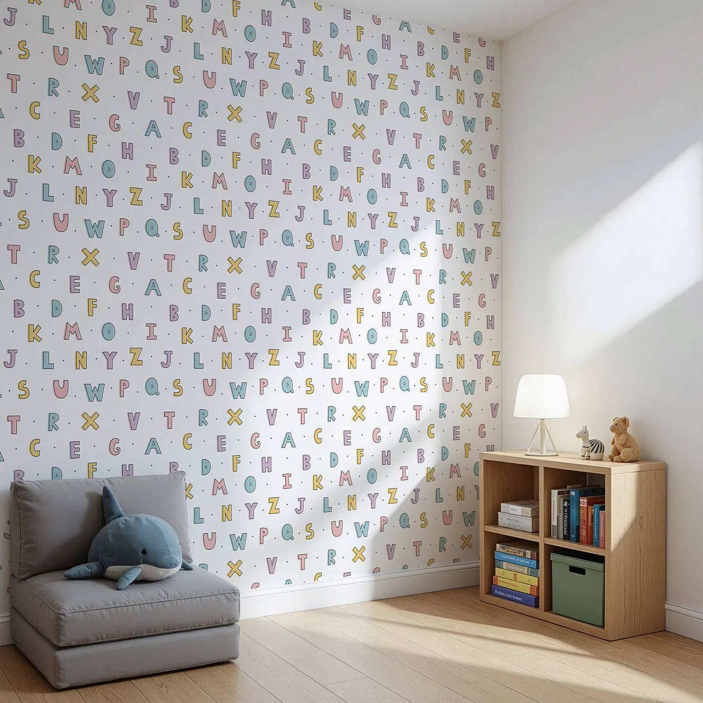 Angled view of Whimsy Tots' Pastel Doodle Alphabet Wallpaper (W2194).Where learning the ABCs is a soft and happy game.