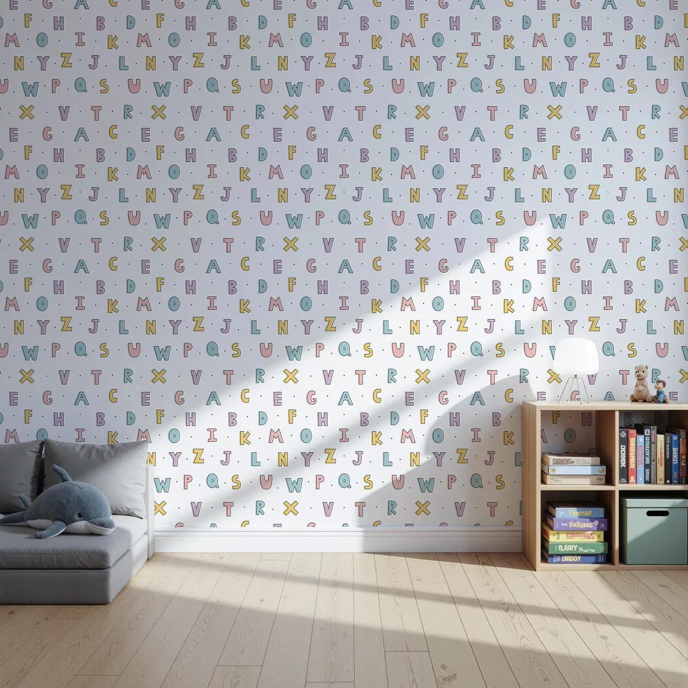 Front view of Whimsy Tots' Pastel Doodle Alphabet Wallpaper