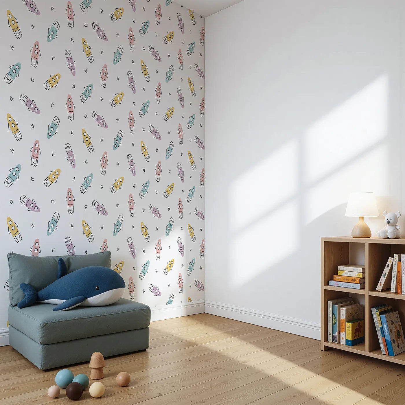 Angled view of Whimsy Tots' Pastel Doodle Rockets Wallpaper (W2195).Where a fleet of colorful, hand-drawn rockets is ready to explore.