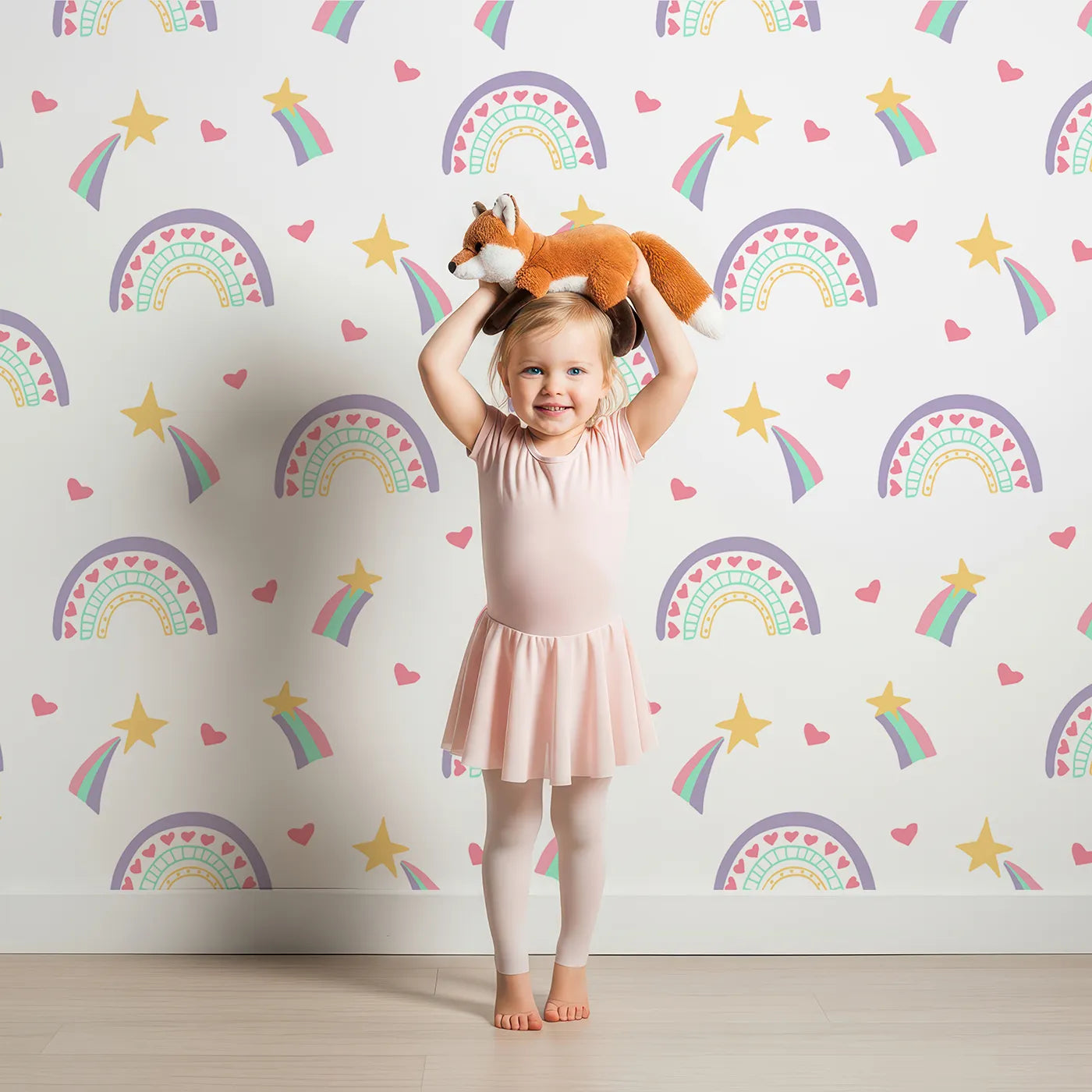 Lovely child standing in front of Whimsy Tots Doodle Rainbow Hearts Wallpaper with rainbow, heart, star, doodle, cute in design.