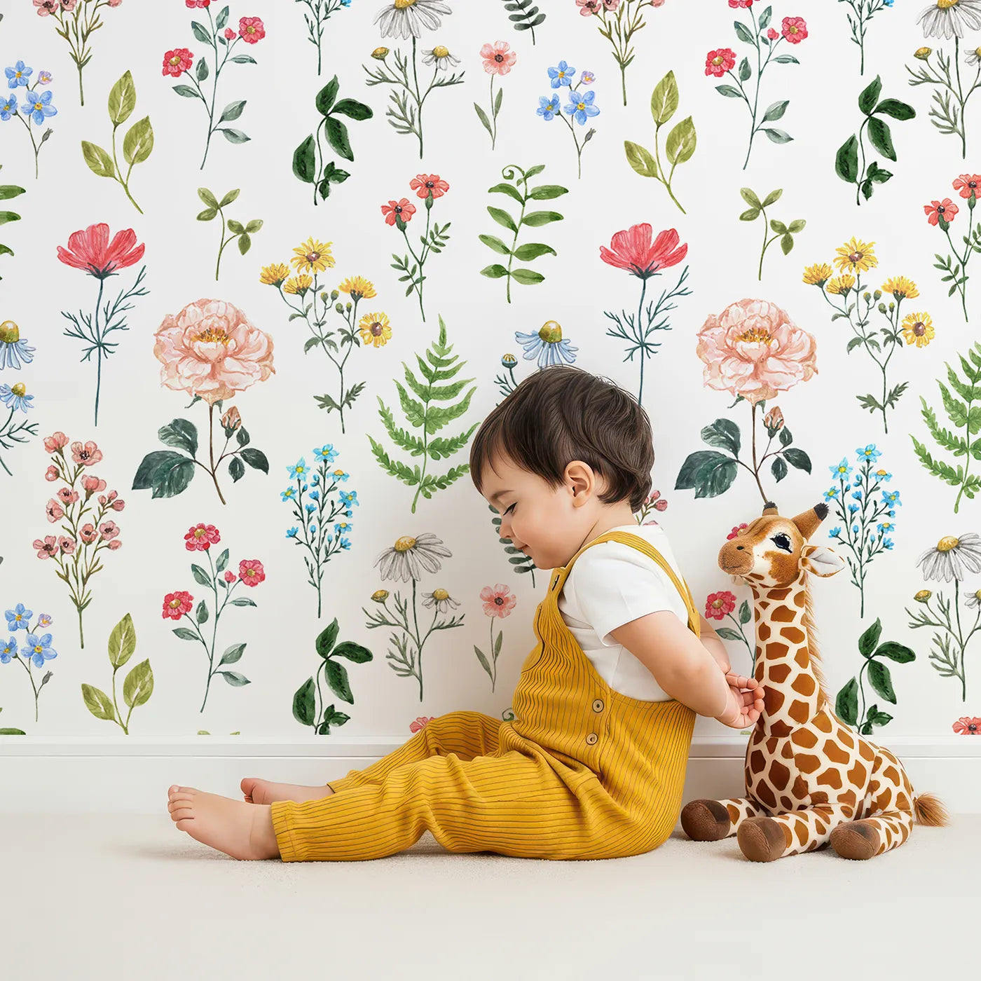 Lovely child standing in front of Whimsy Tots Watercolor Botanical Specimens Wallpaper with flower, wildflower, botanical, watercolor, realistic in design.