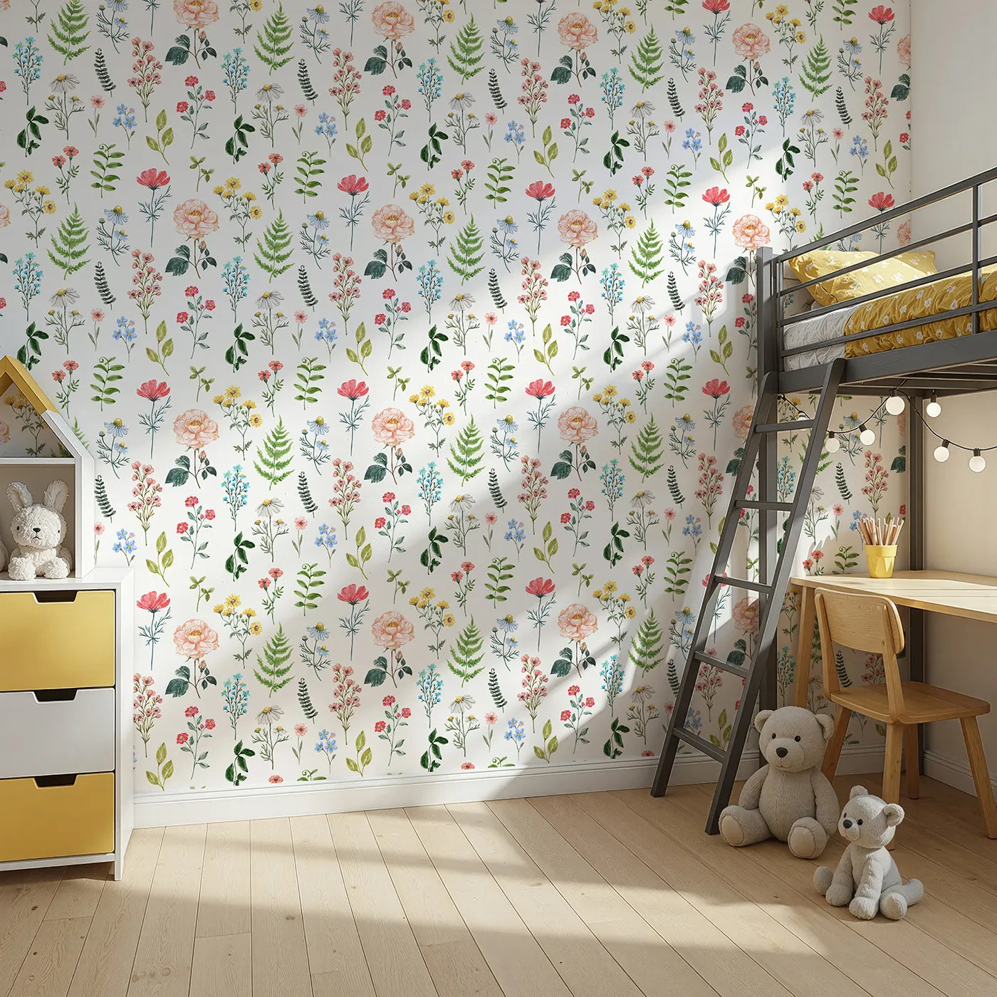 Angled view of Whimsy Tots' Watercolor Botanical Specimens Wallpaper (W2197).Where a variety of hand-painted wildflowers are waiting to be studied.
