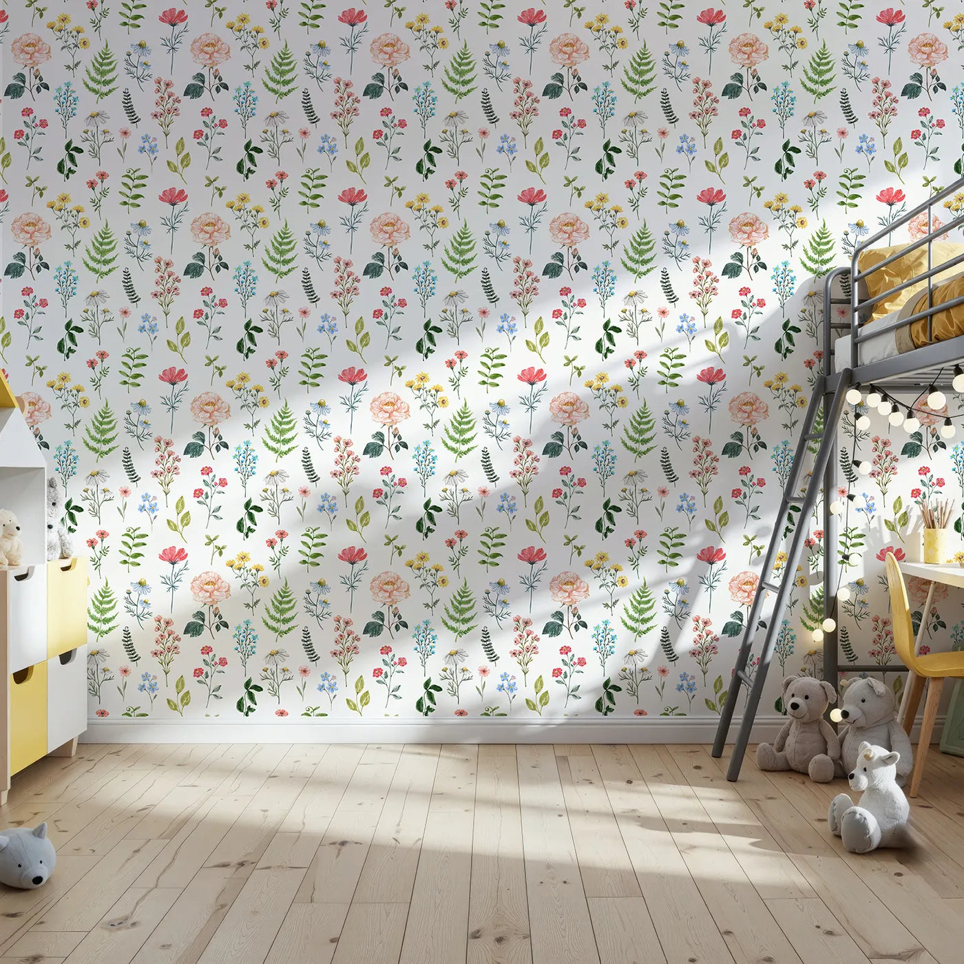 Front view of Whimsy Tots' Watercolor Botanical Specimens Wallpaper
