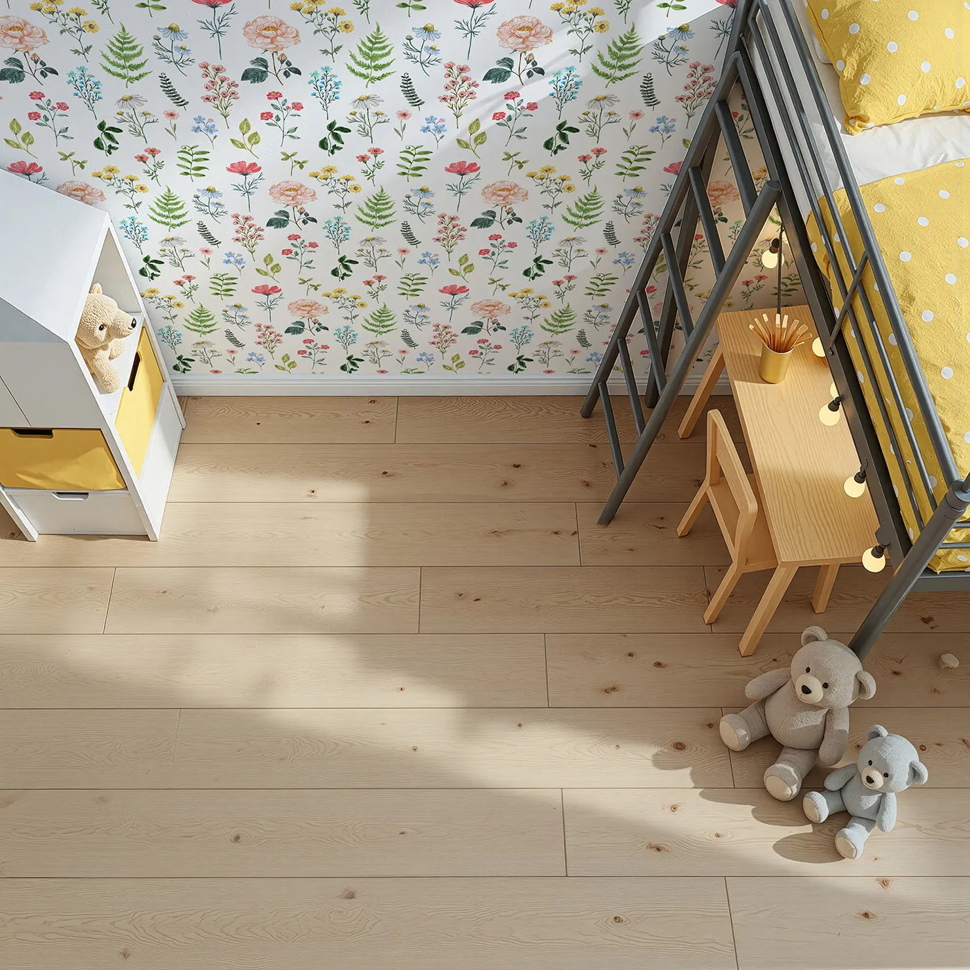 Top-Down view of Whimsy Tots' Watercolor Botanical Specimens Wallpaper (W2197).Where a variety of hand-painted wildflowers are waiting to be studied.
