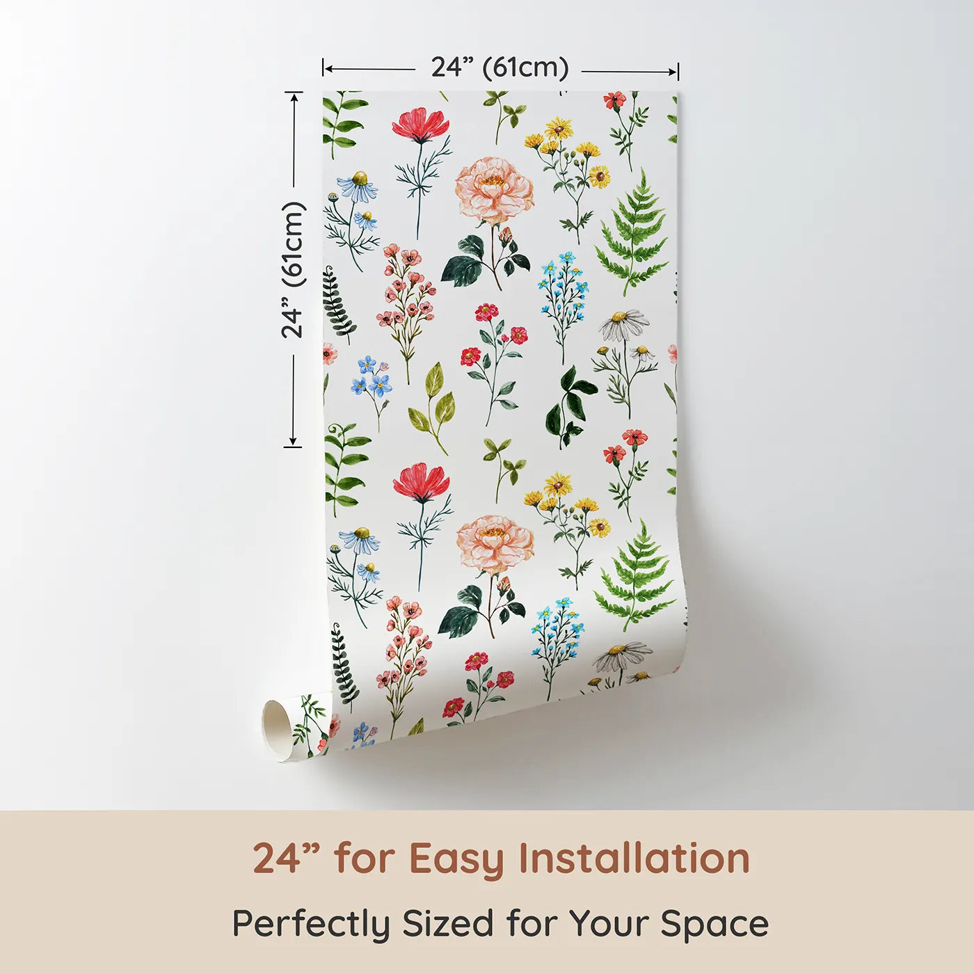 Dimension view of Whimsy Tots Watercolor Botanical Specimens Wallpaper (W2197). Printed in 24-inch-wide panel for easy installation. Where a variety of hand-painted wildflowers are waiting to be studied.