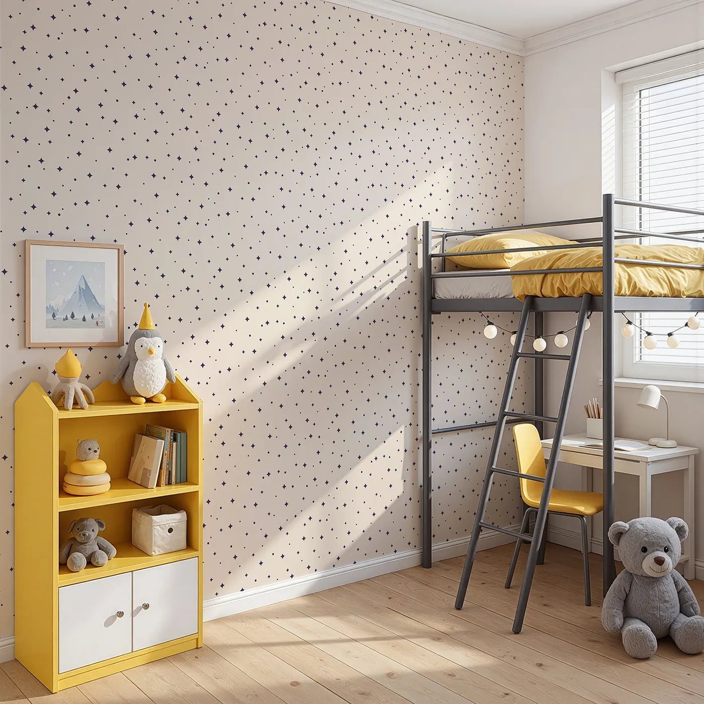 Angled view of Whimsy Tots' Minimalist Starry Night Wallpaper (W2198).Where a simple, graphic sky is filled with twinkling stars.