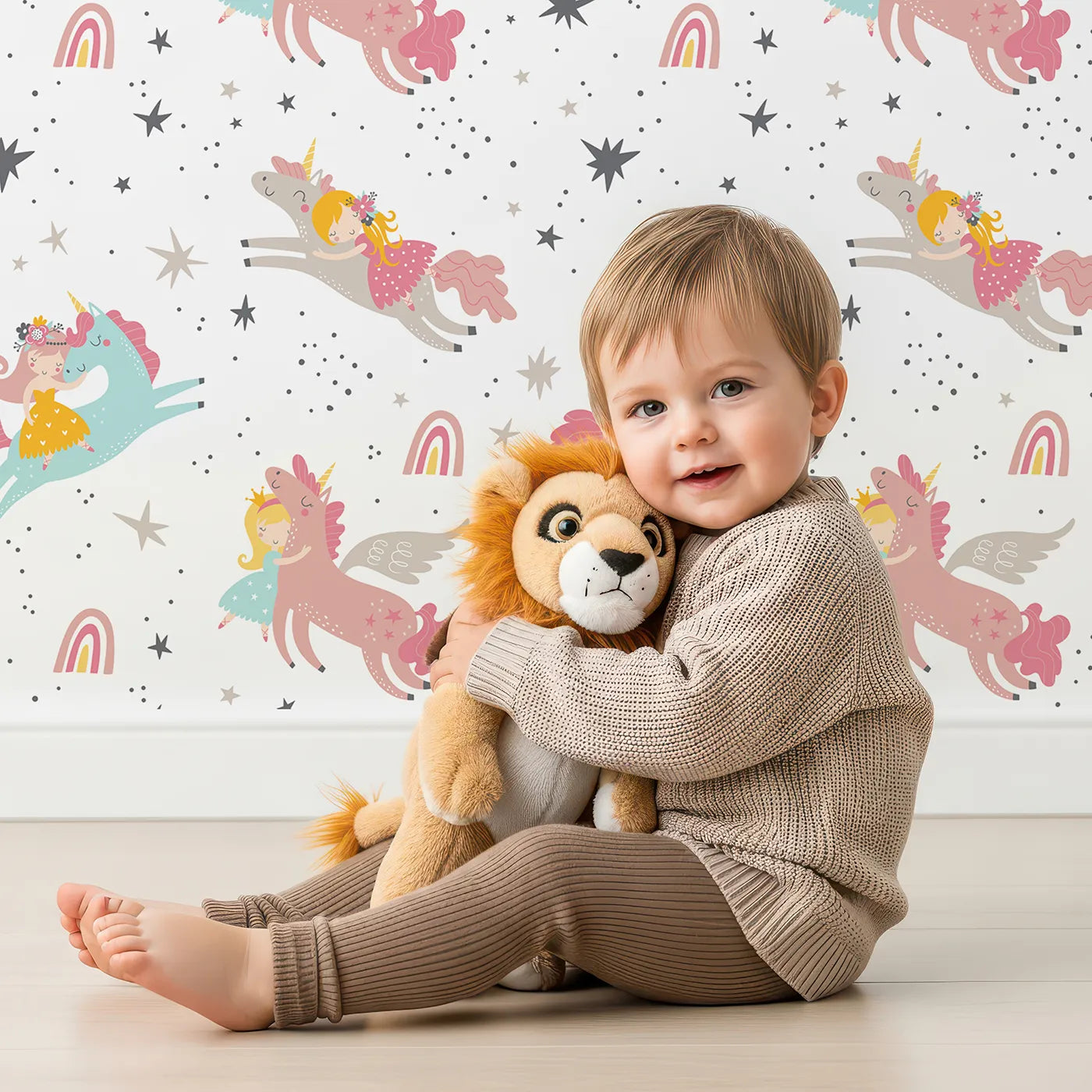 Lovely child standing in front of Whimsy Tots Unicorn Princess Riders Wallpaper with unicorn, princess, pegasus, star, flying in design.