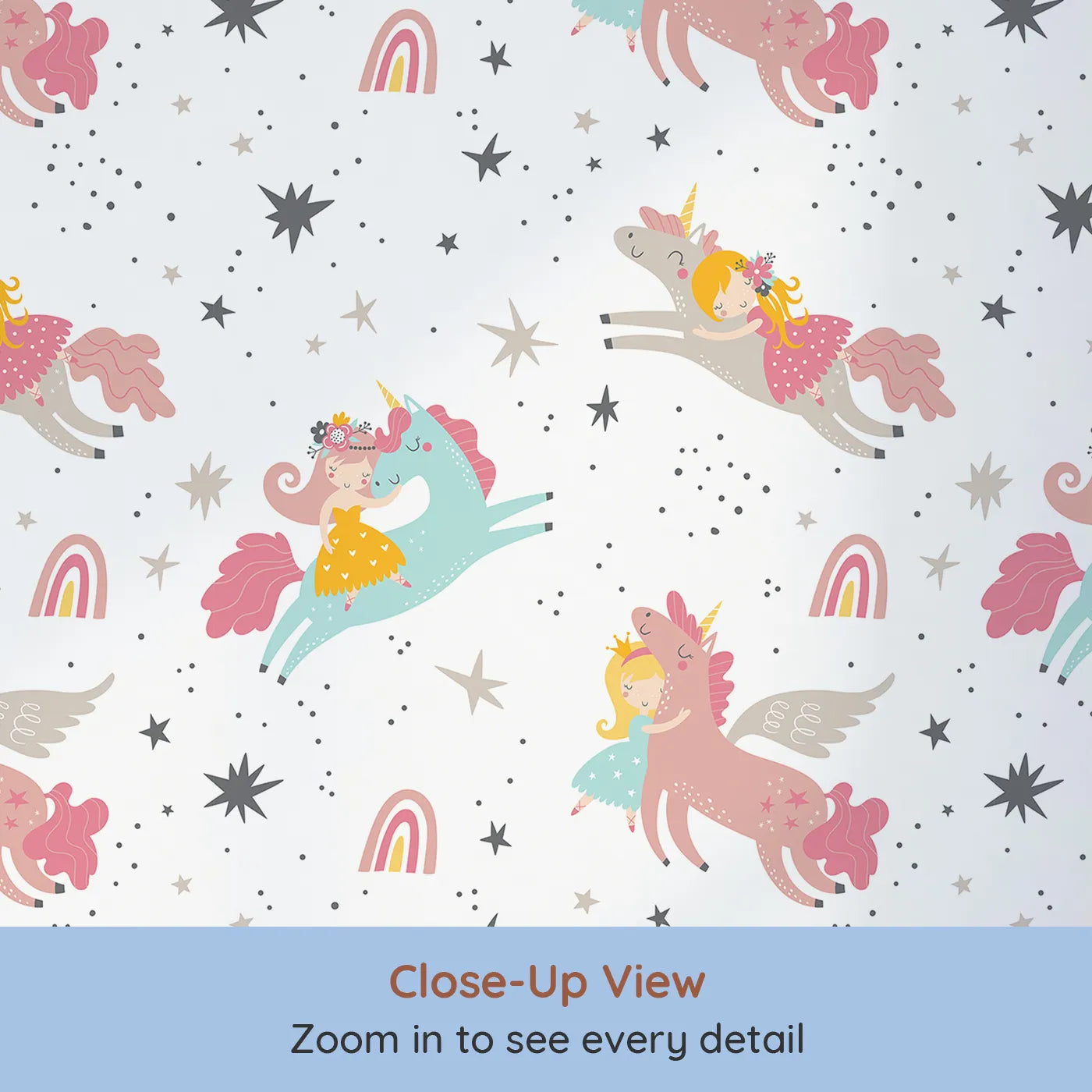 Close-up view of Whimsy Tots' Unicorn Princess Riders Wallpaper (W2199).Where sweet princesses and their unicorn friends soar through the stars.