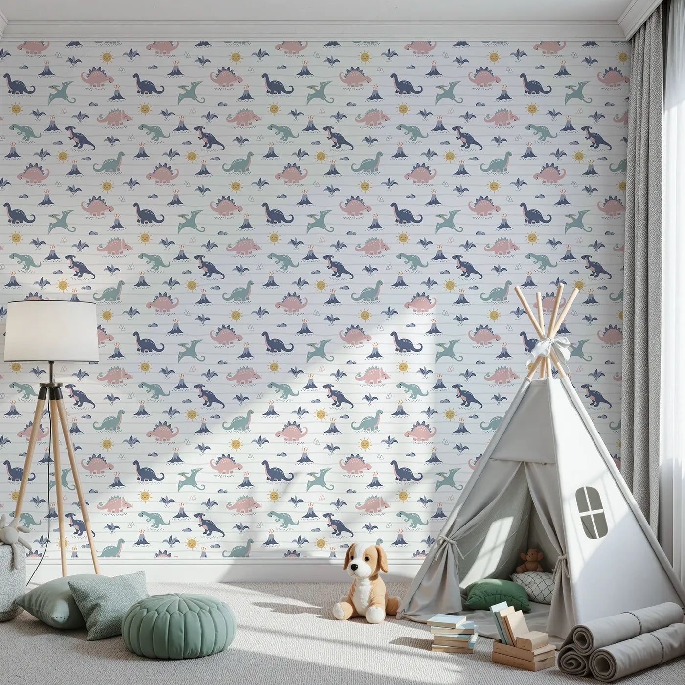 Front view of Whimsy Tots' Pastel Dino Parade Wallpaper