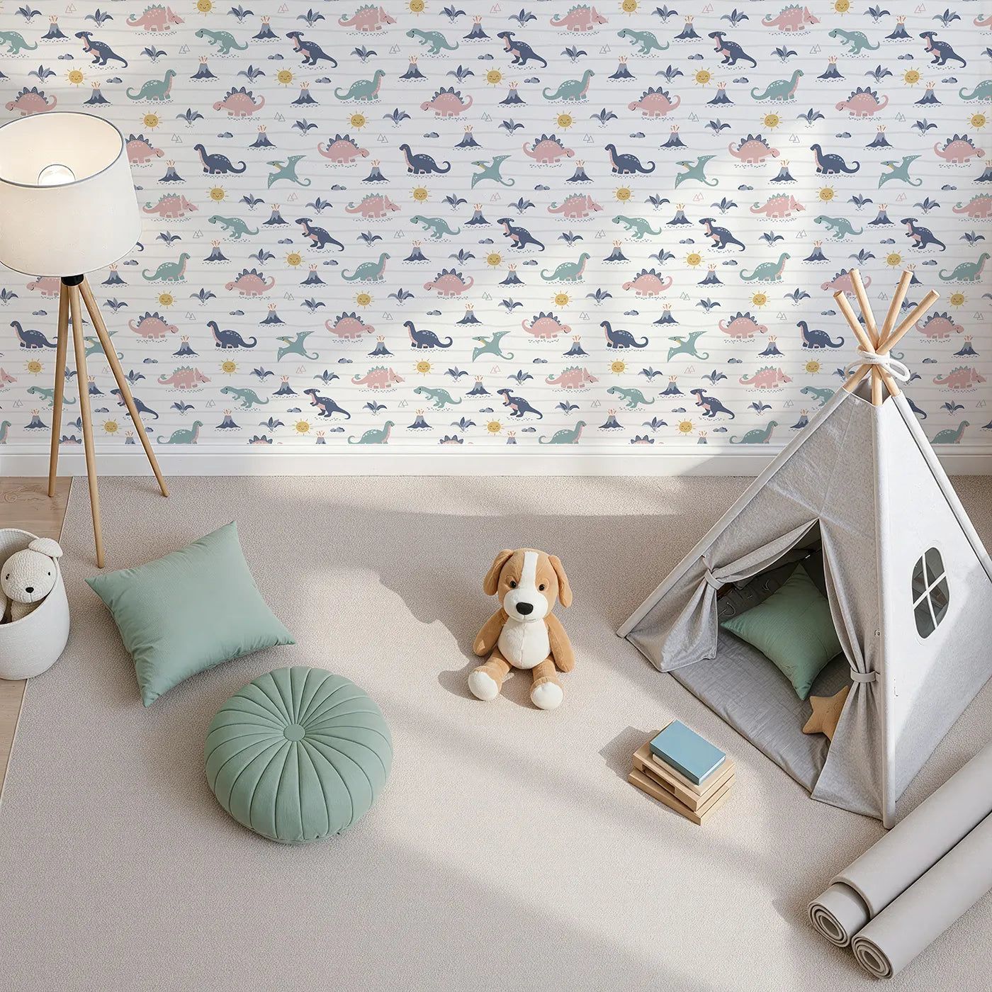 Top-Down view of Whimsy Tots' Pastel Dino Parade Wallpaper (W2201).Where the sweetest dinosaurs roam under a happy sun.