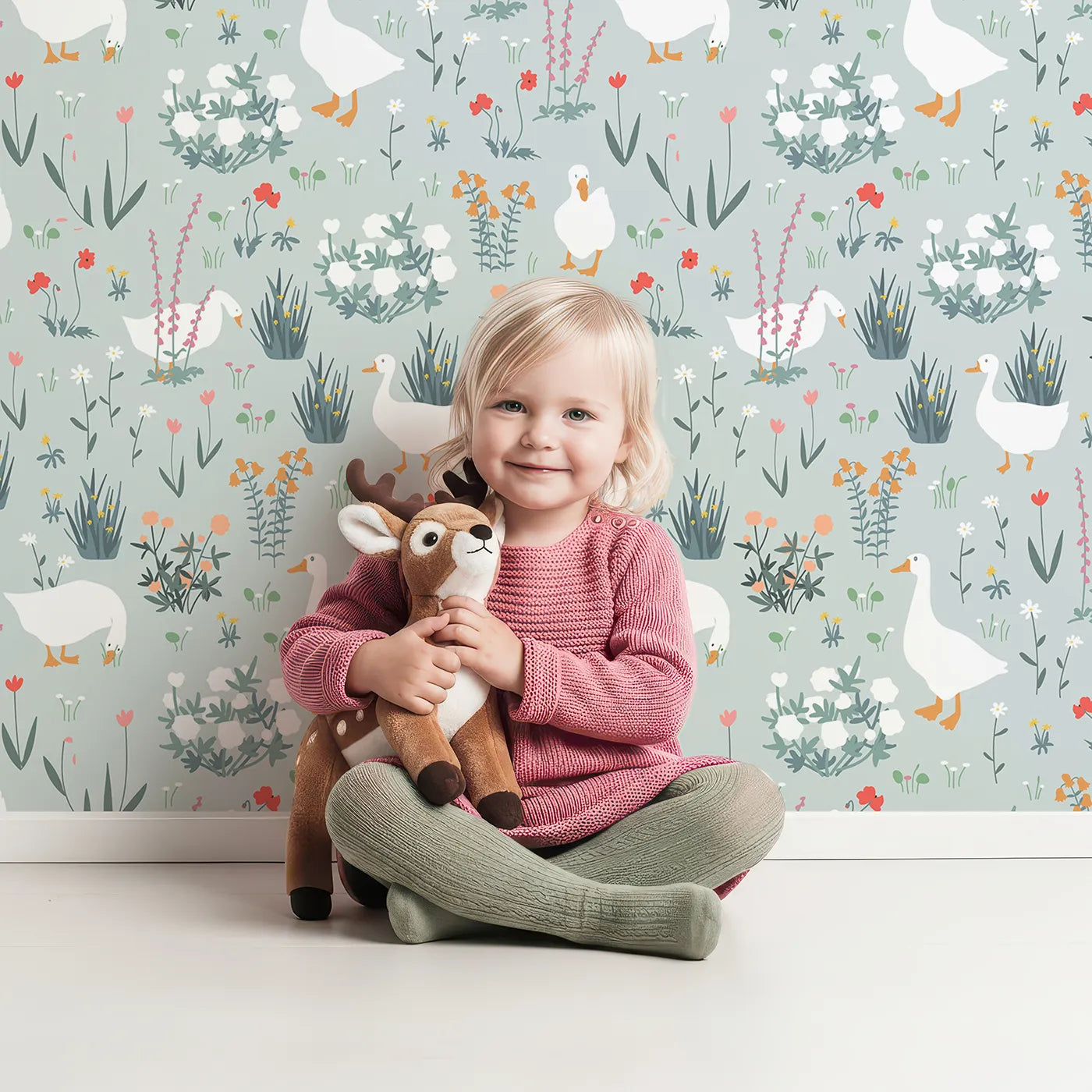 Lovely child standing in front of Whimsy Tots Country Geese Garden Wallpaper with goose, flower, garden, country, farm in design.