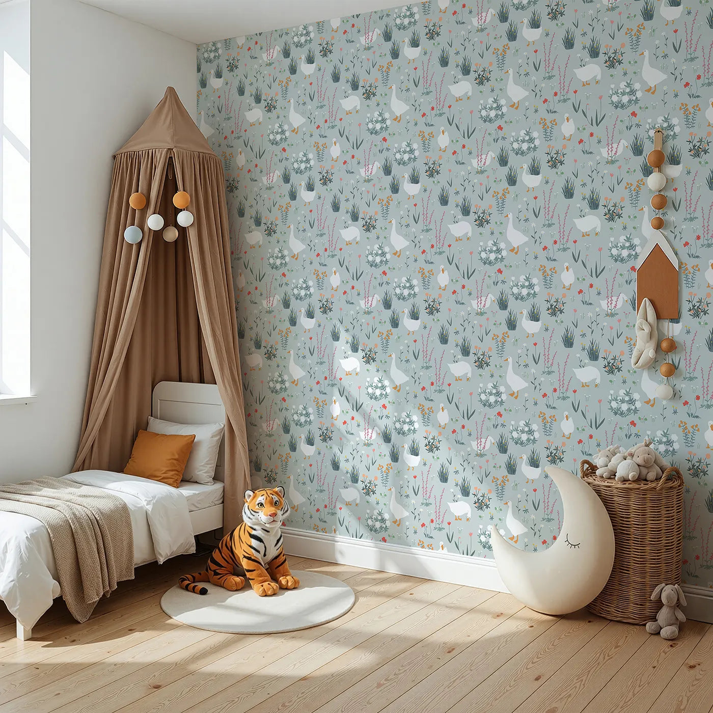Angled view of Whimsy Tots' Country Geese Garden Wallpaper (W2202).Where gentle geese wander among the wildflowers.