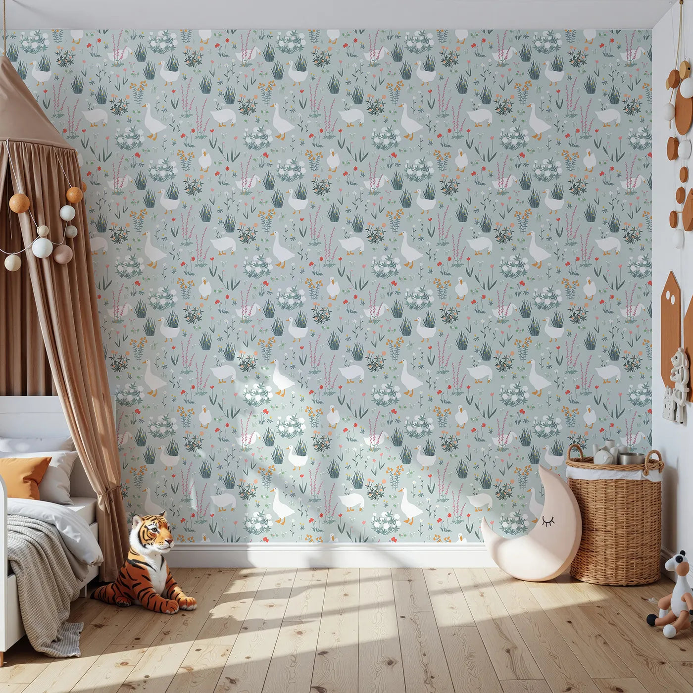 Front view of Whimsy Tots' Country Geese Garden Wallpaper