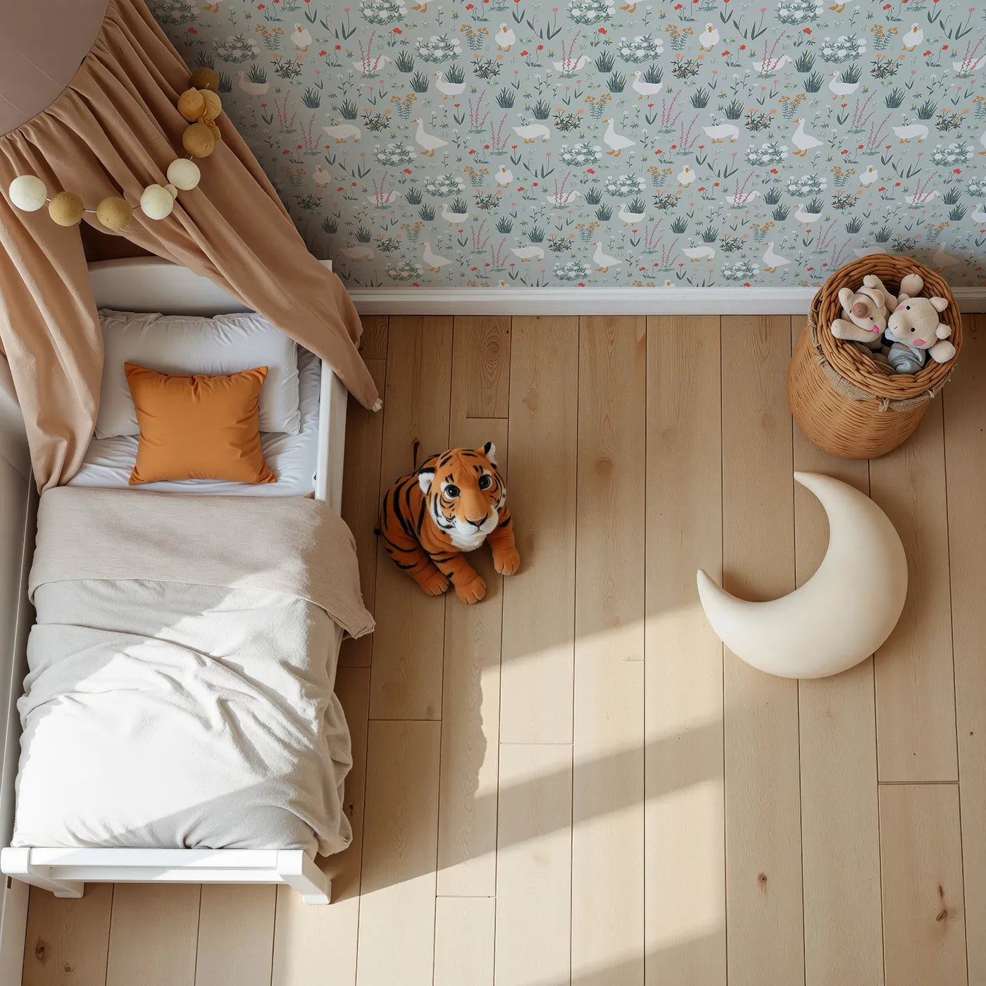 Top-Down view of Whimsy Tots' Country Geese Garden Wallpaper (W2202).Where gentle geese wander among the wildflowers.