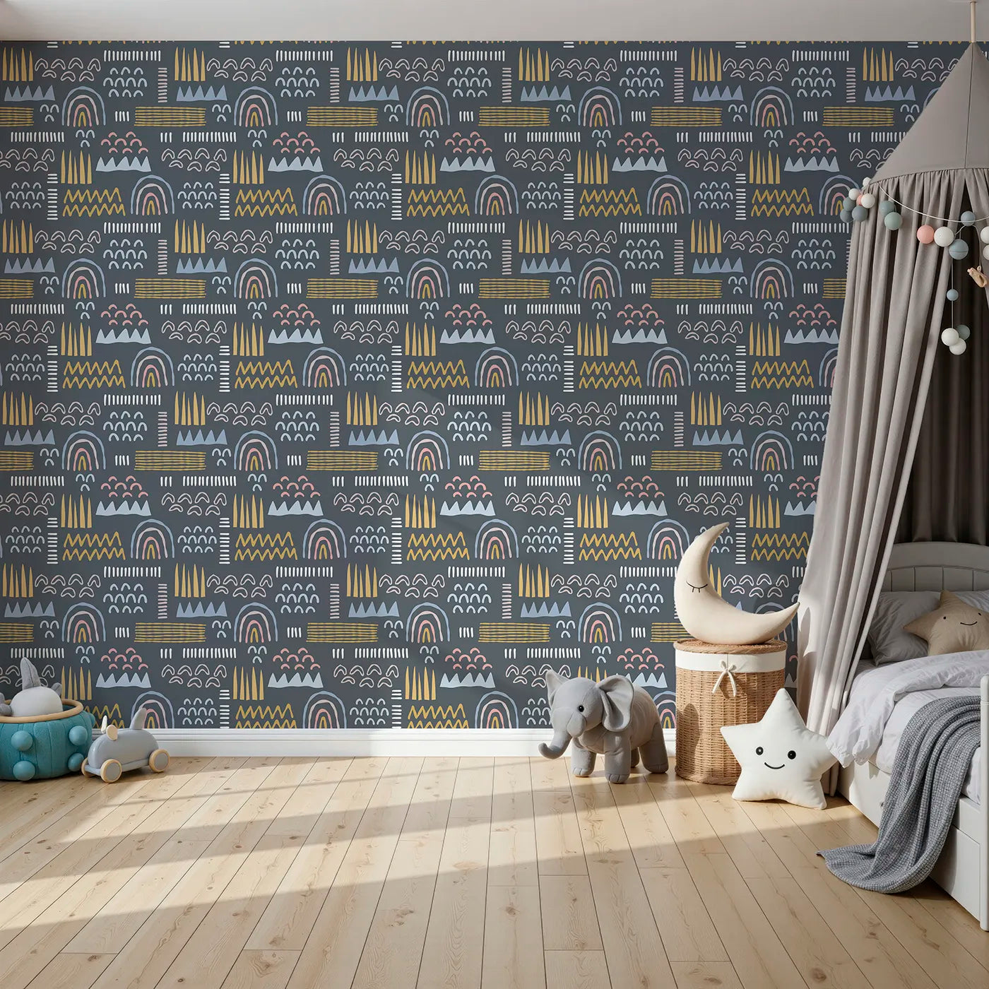Front view of Whimsy Tots' Abstract Rainbow Shapes Wallpaper in Blue