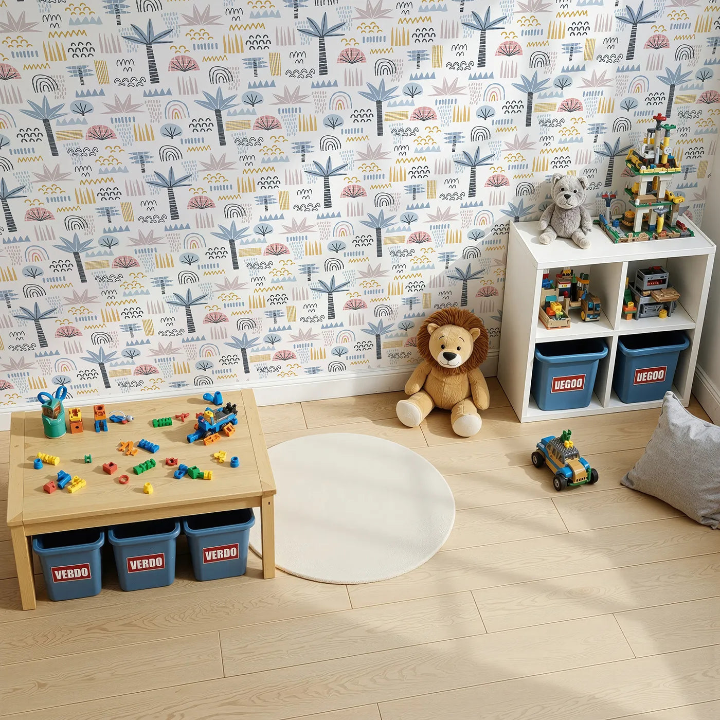 Top-Down view of Whimsy Tots' Abstract Tropical Shapes Wallpaper (W2204).Where abstract palms and rainbows create a cool, creative vibe.