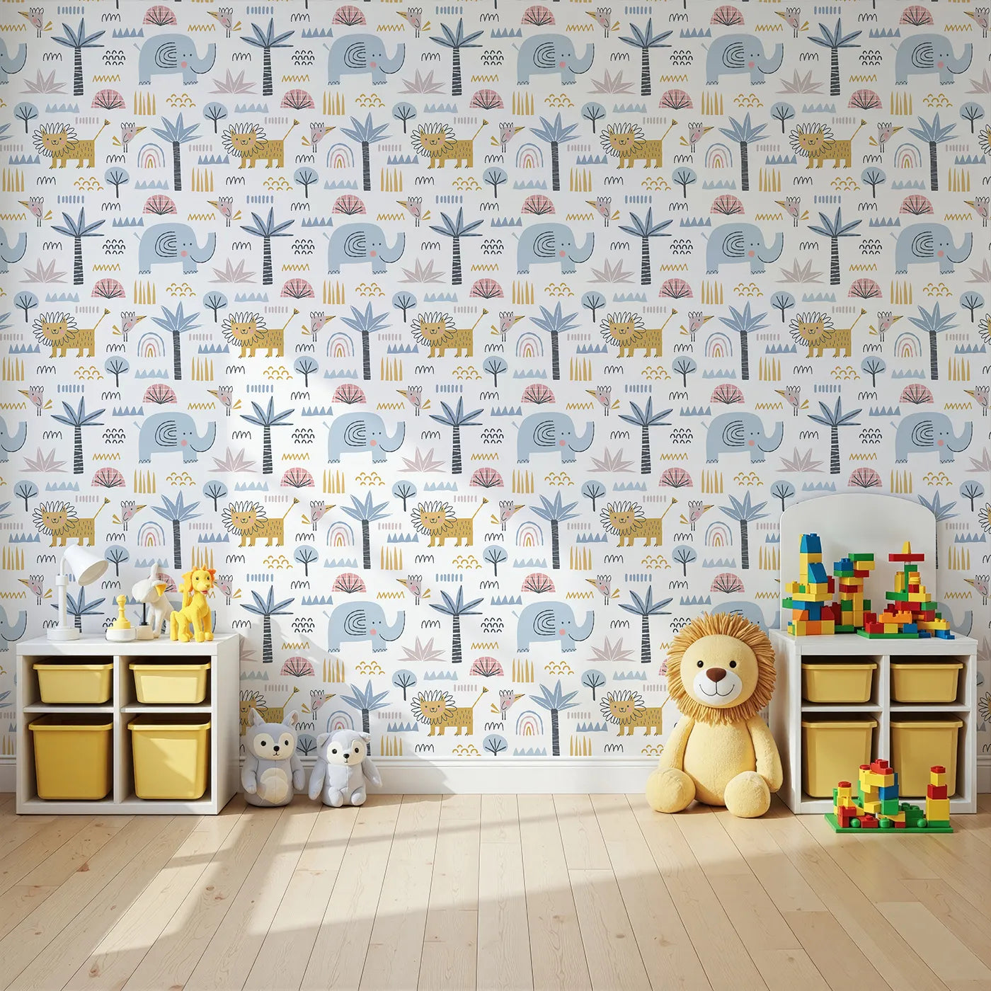 Angled view of Whimsy Tots' Safari Abstract Friends Wallpaper (W2205).Where cool, graphic animals play among abstract shapes.