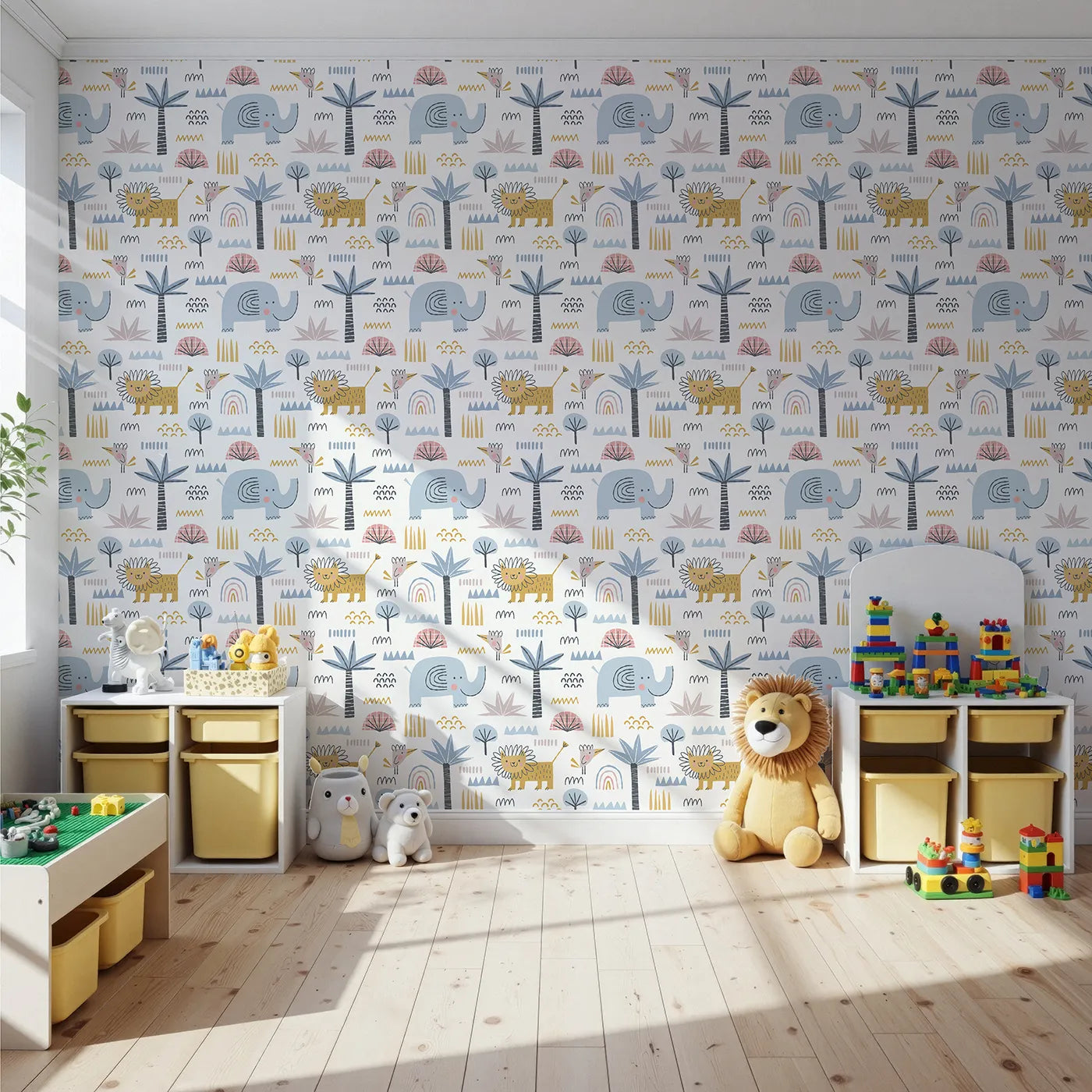 Front view of Whimsy Tots' Safari Abstract Friends Wallpaper